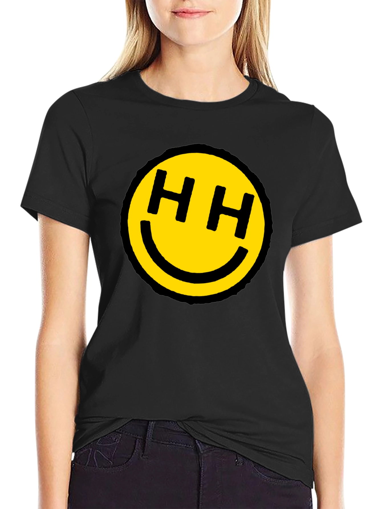 Black Happy Face HH Graphic Tee - Black Cotton Blend view 2