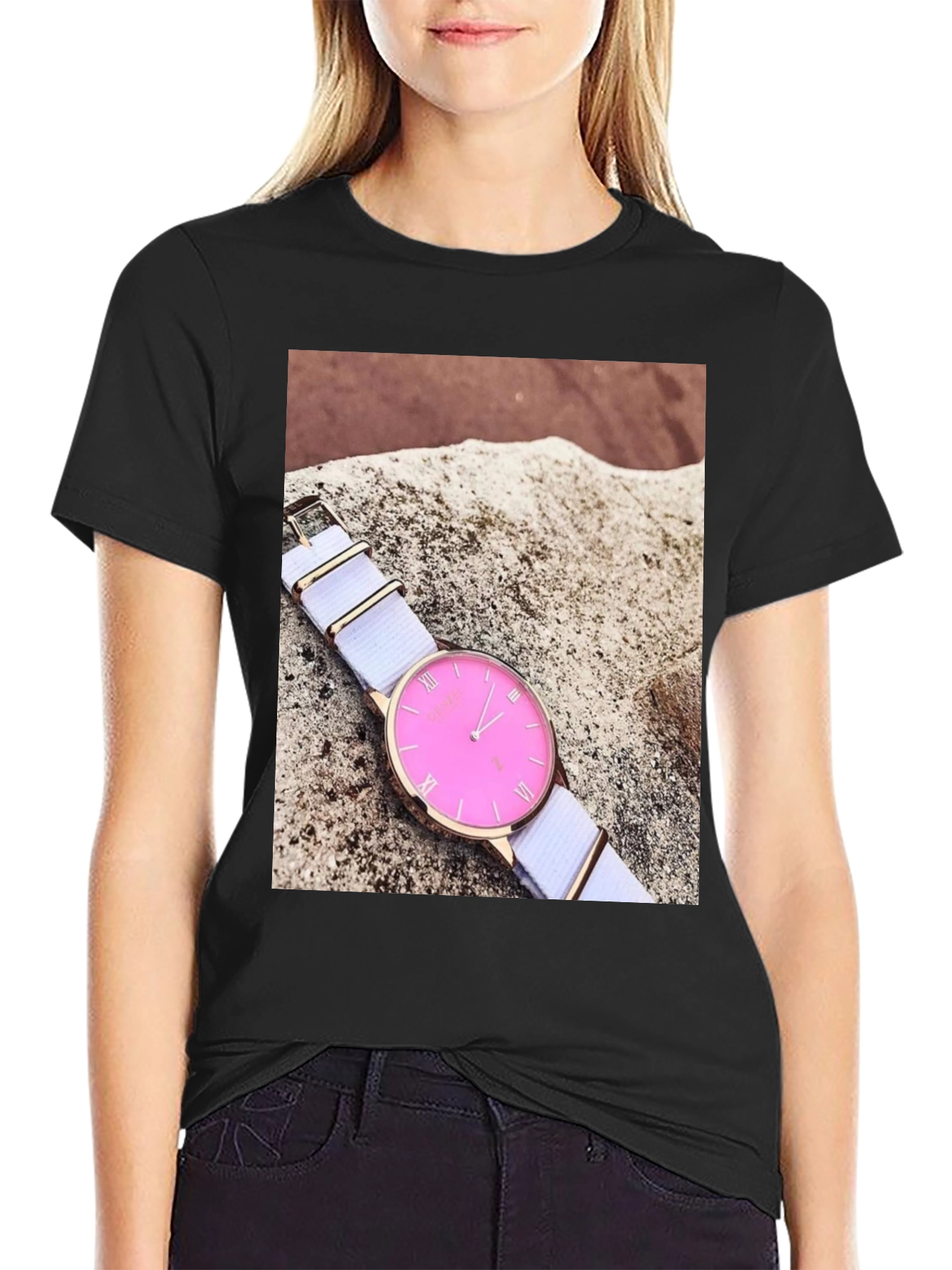 Black Stylish Pink Watch Tee - Modern Timepiece Design view 2