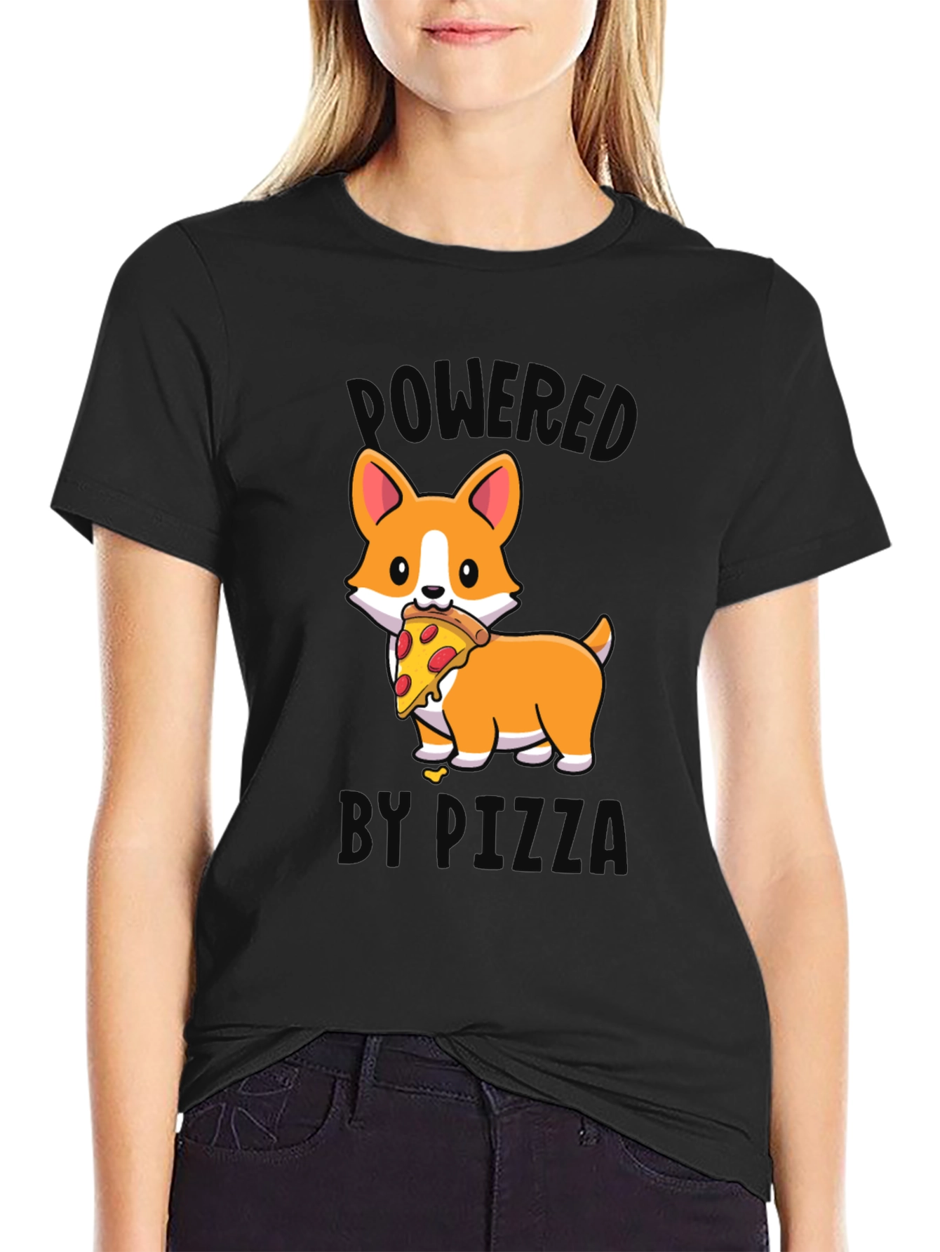 Black Corgi Pizza T-Shirt - Powered by Pizza view 2