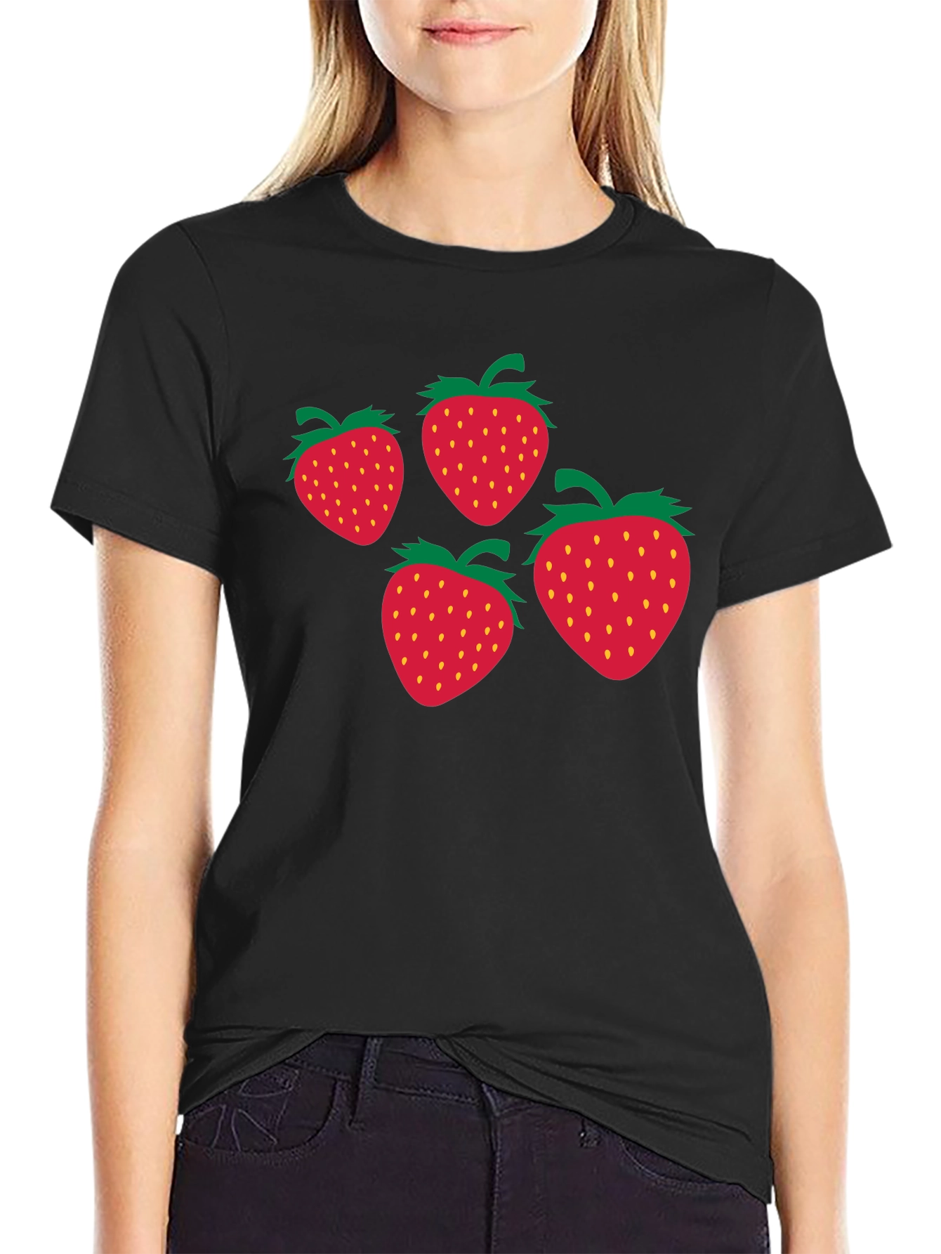 Black Strawberry Print Black T-Shirt view 2