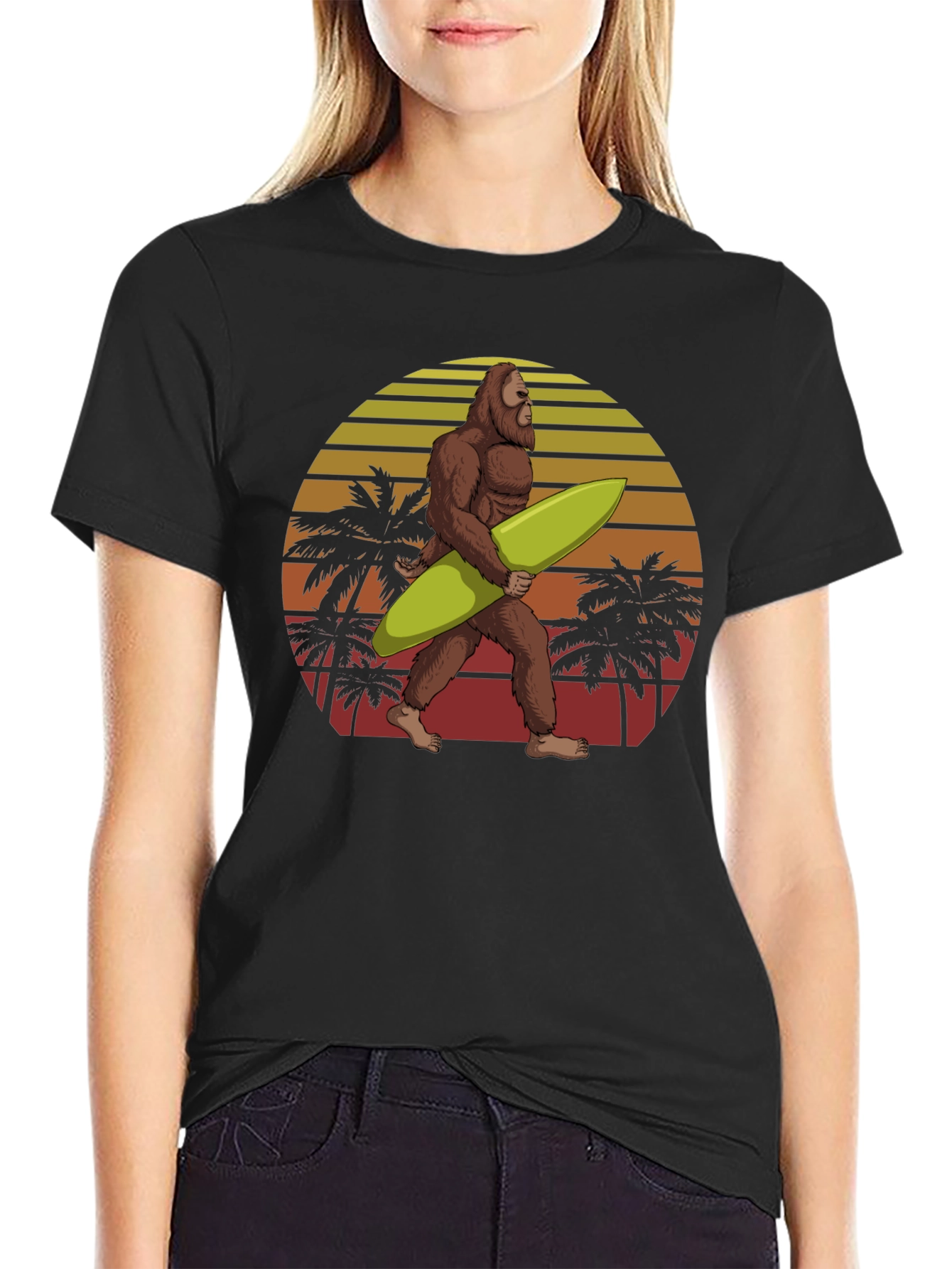Black Sasquatch Surfer Graphic Tee - Black Cotton T-Shirt view 2