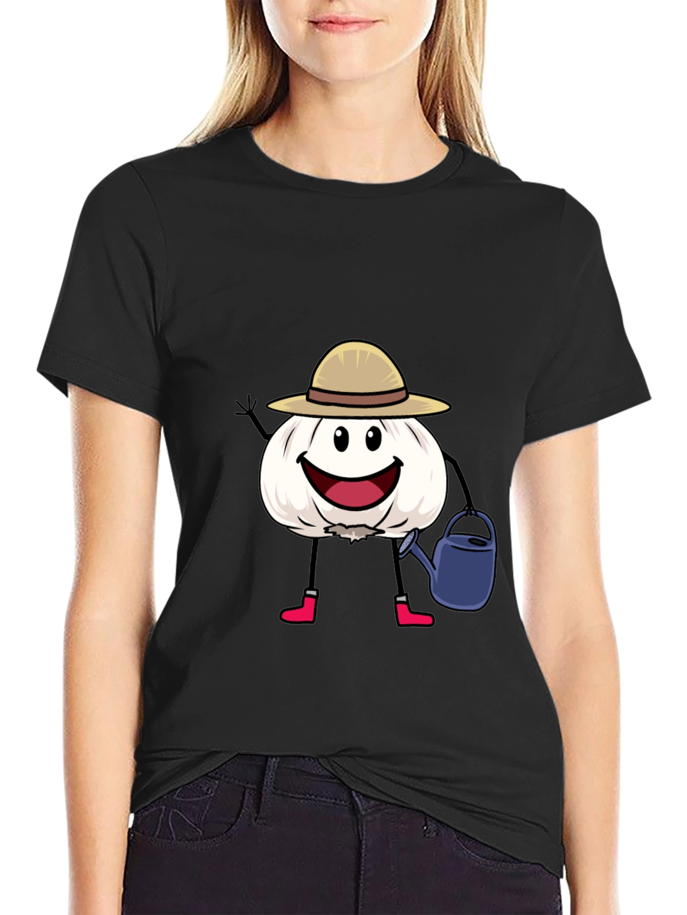 Black Cartoon Garlic Gardener Black T-Shirt view 2