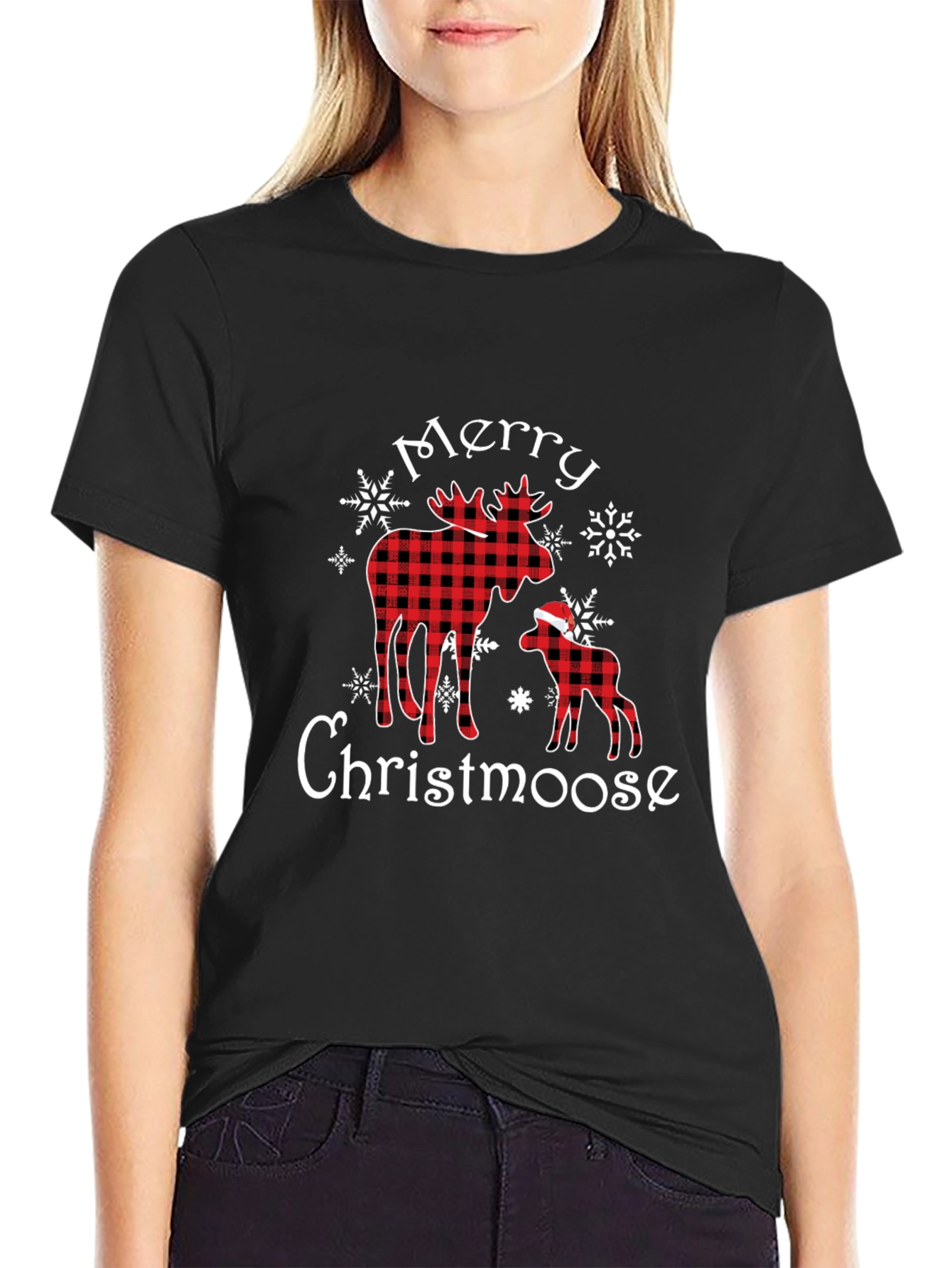 Black Merry Christmoose Buffalo Plaid Christmas T-Shirt view 2