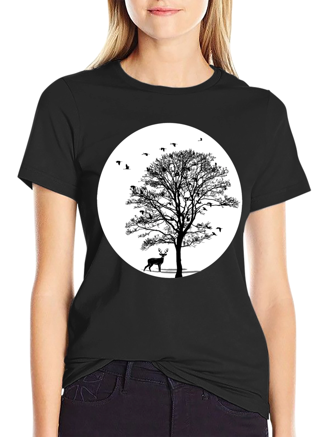 Black Nature Scene Graphic Tee - Deer and Birds view 2
