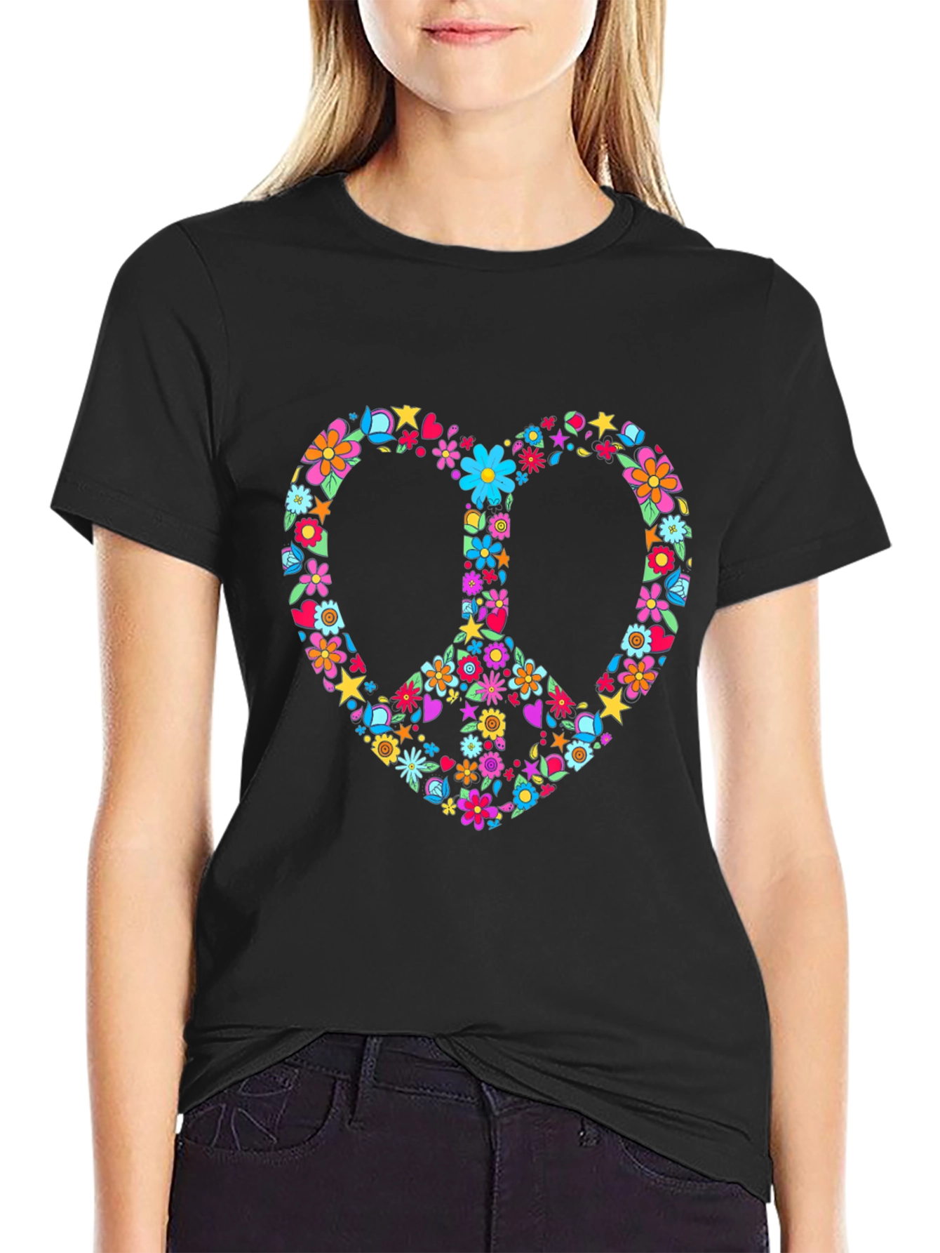 Black Floral Peace Sign Heart T-Shirt view 2