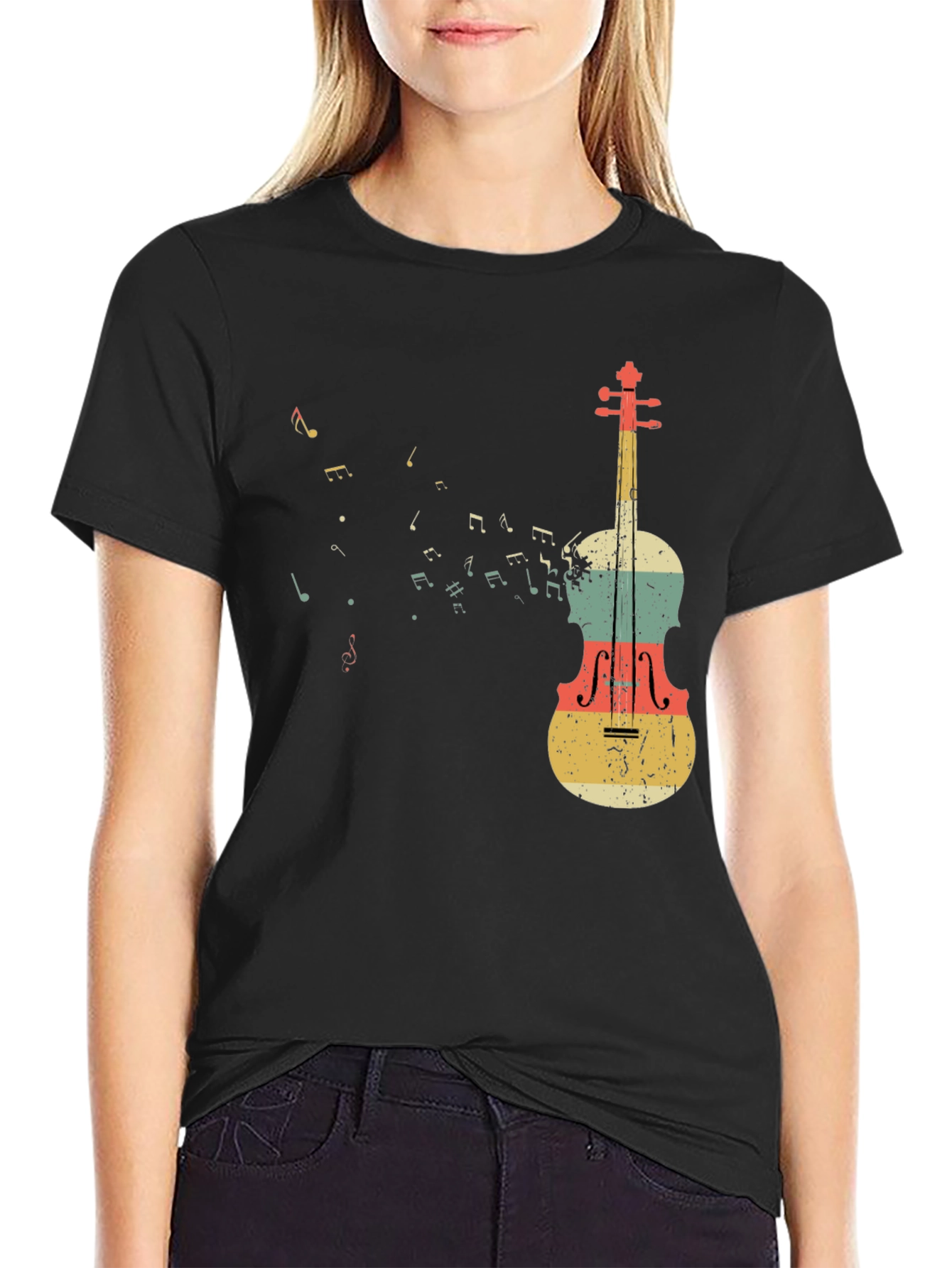 Black Musical Notes & Violin Graphic T-Shirt view 2
