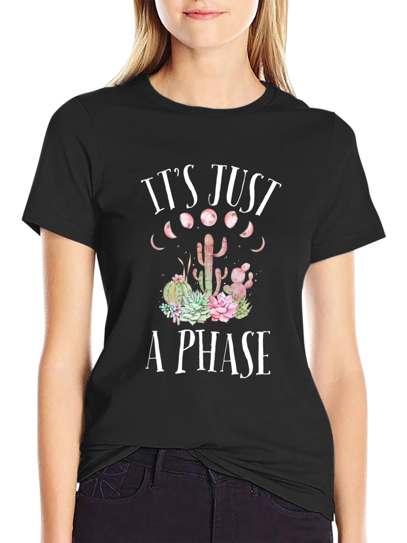 Black It's Just A Phase Cactus Graphic Tee view 2