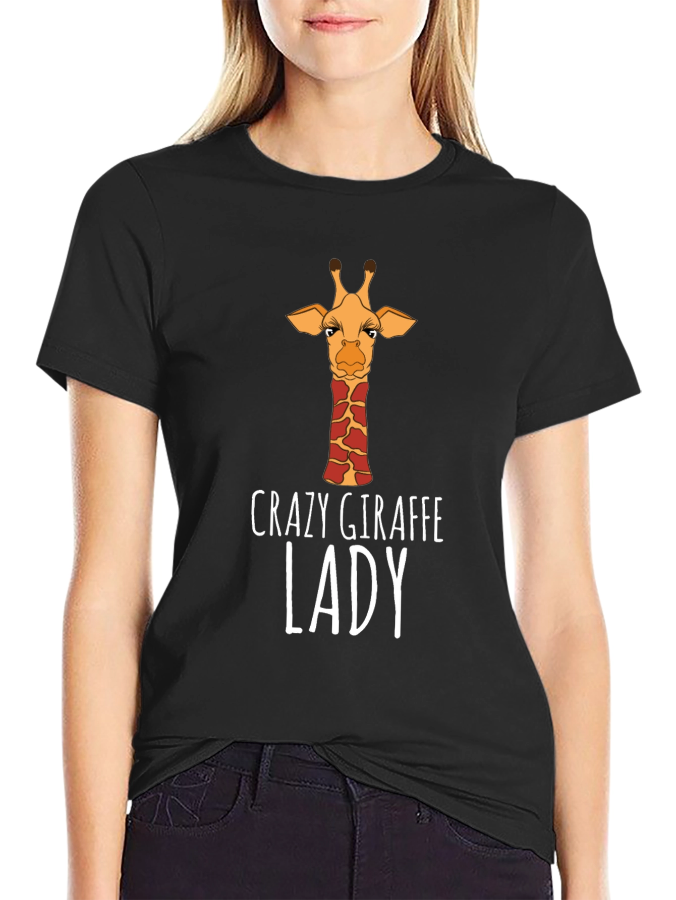 Black Crazy Giraffe Lady T-Shirt - Black view 2