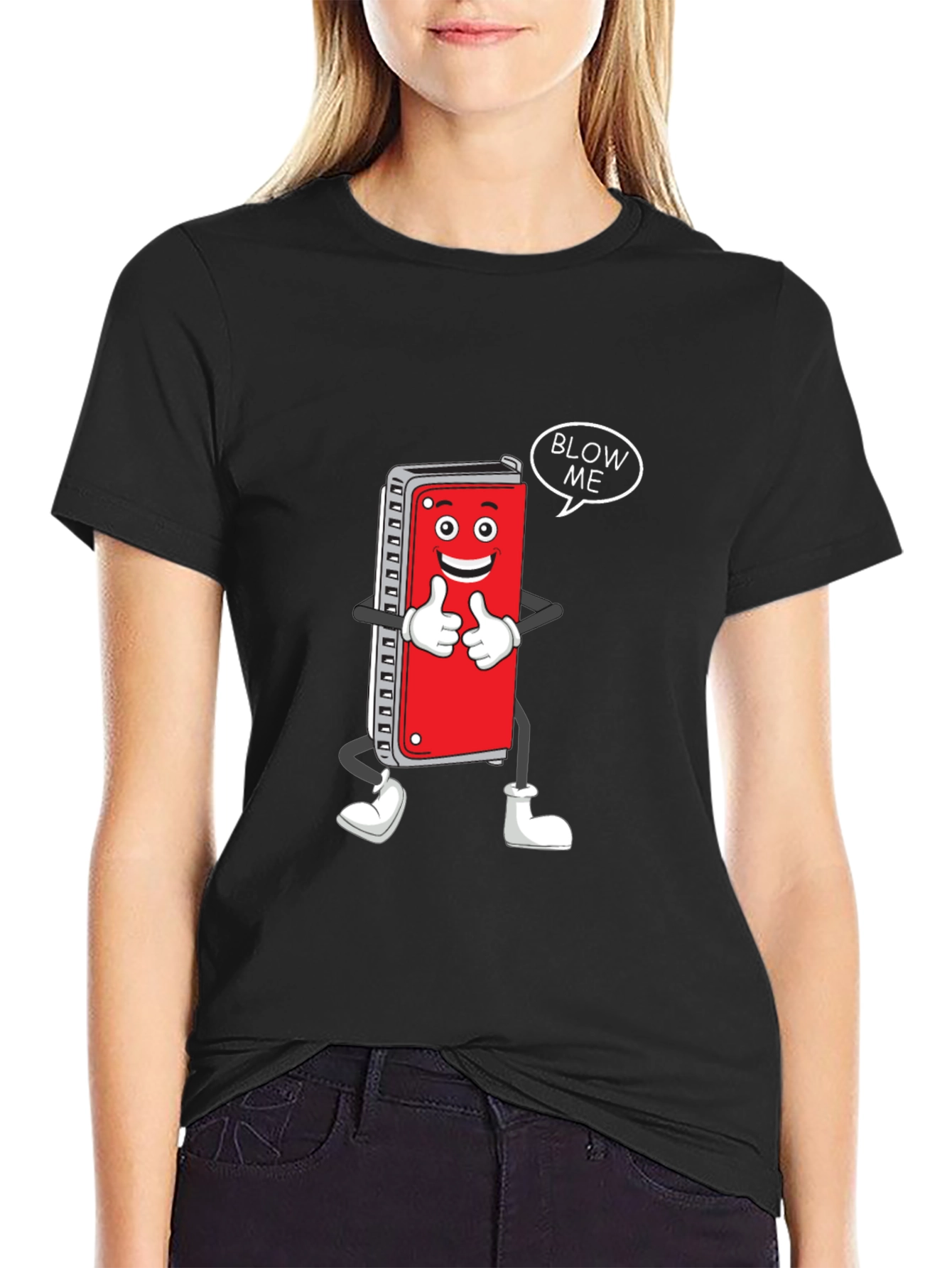 Black Harmonica Cartoon Graphic T-Shirt - Blow Me! view 2