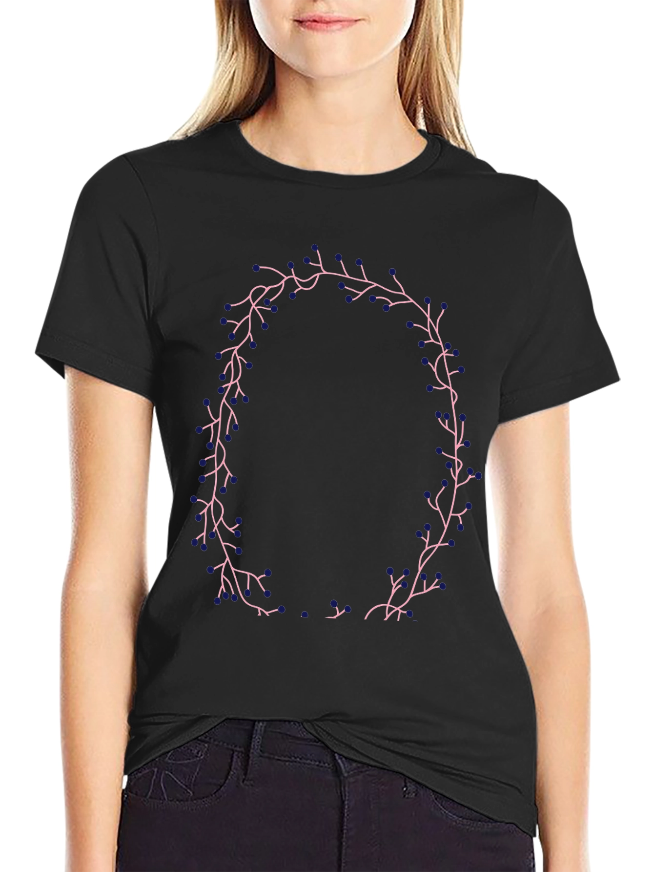 Black Floral Wreath Graphic Tee - Black Casual T-Shirt view 2