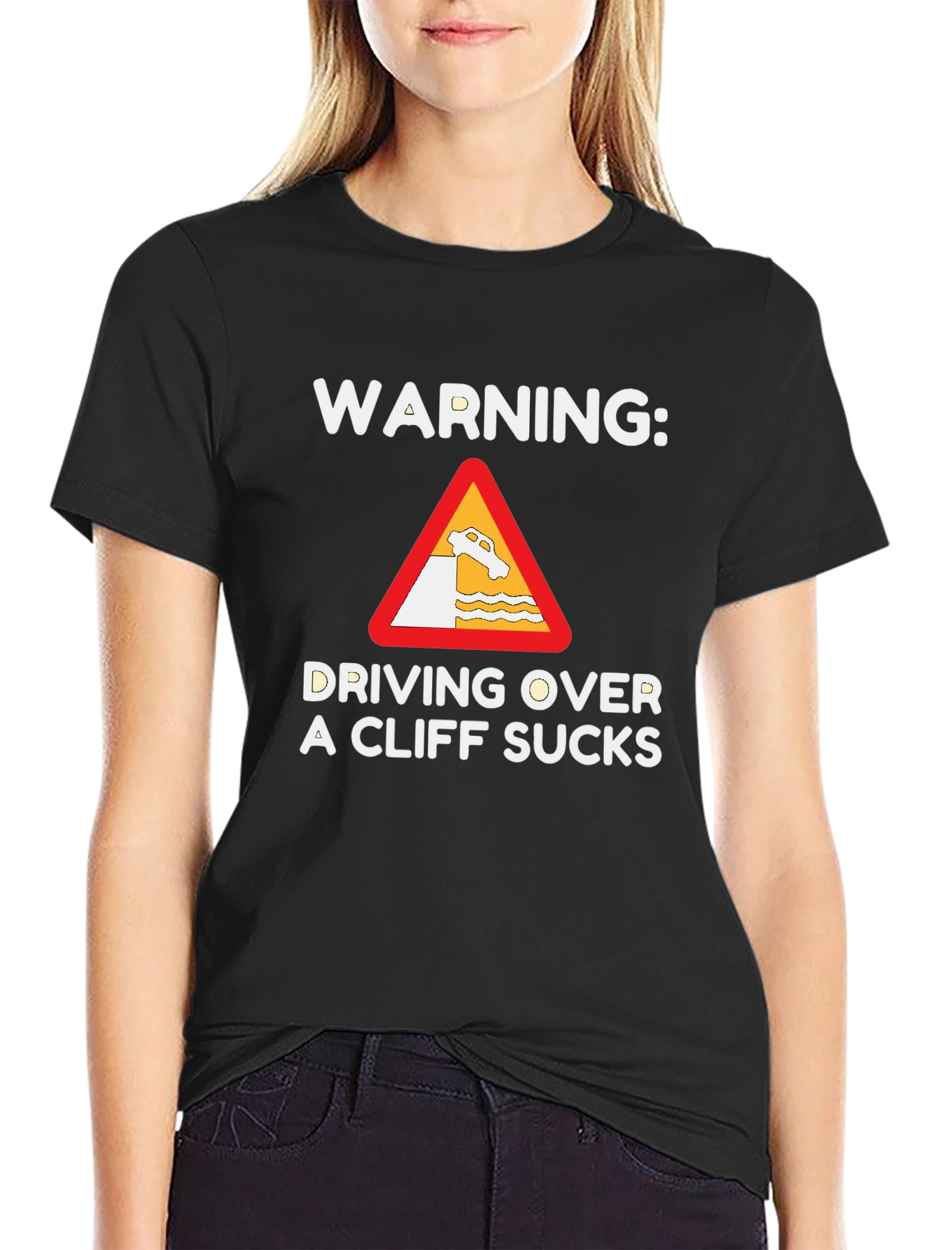 Black Warning: Driving Over a Cliff Sucks T-Shirt view 2
