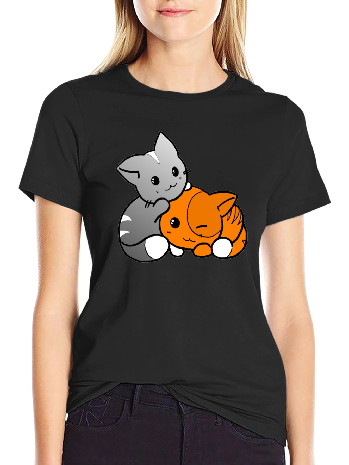 Black Cute Cats Hugging Black T-Shirt view 2