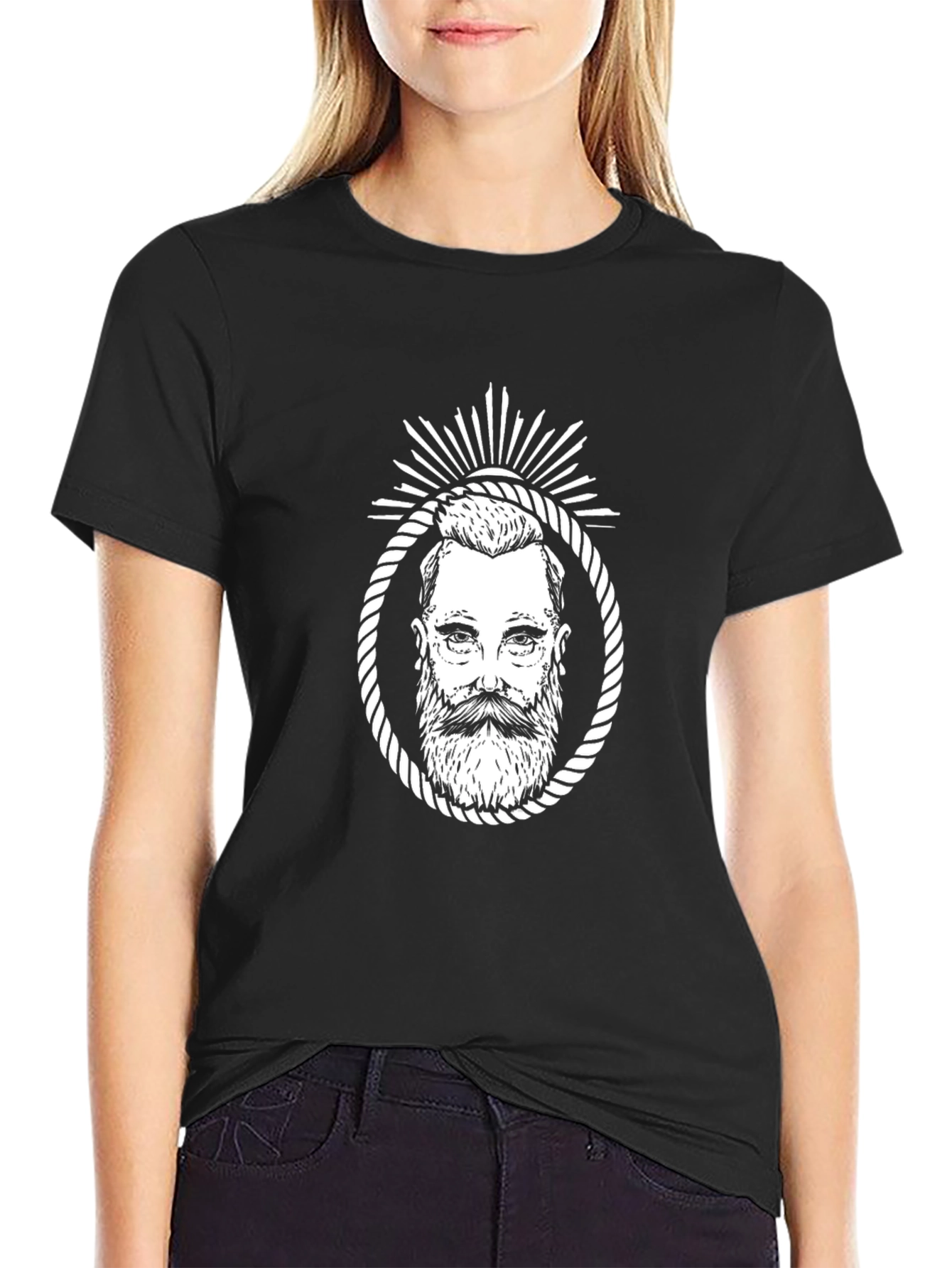Black Men's Black T-Shirt with Bearded Man Graphic view 2