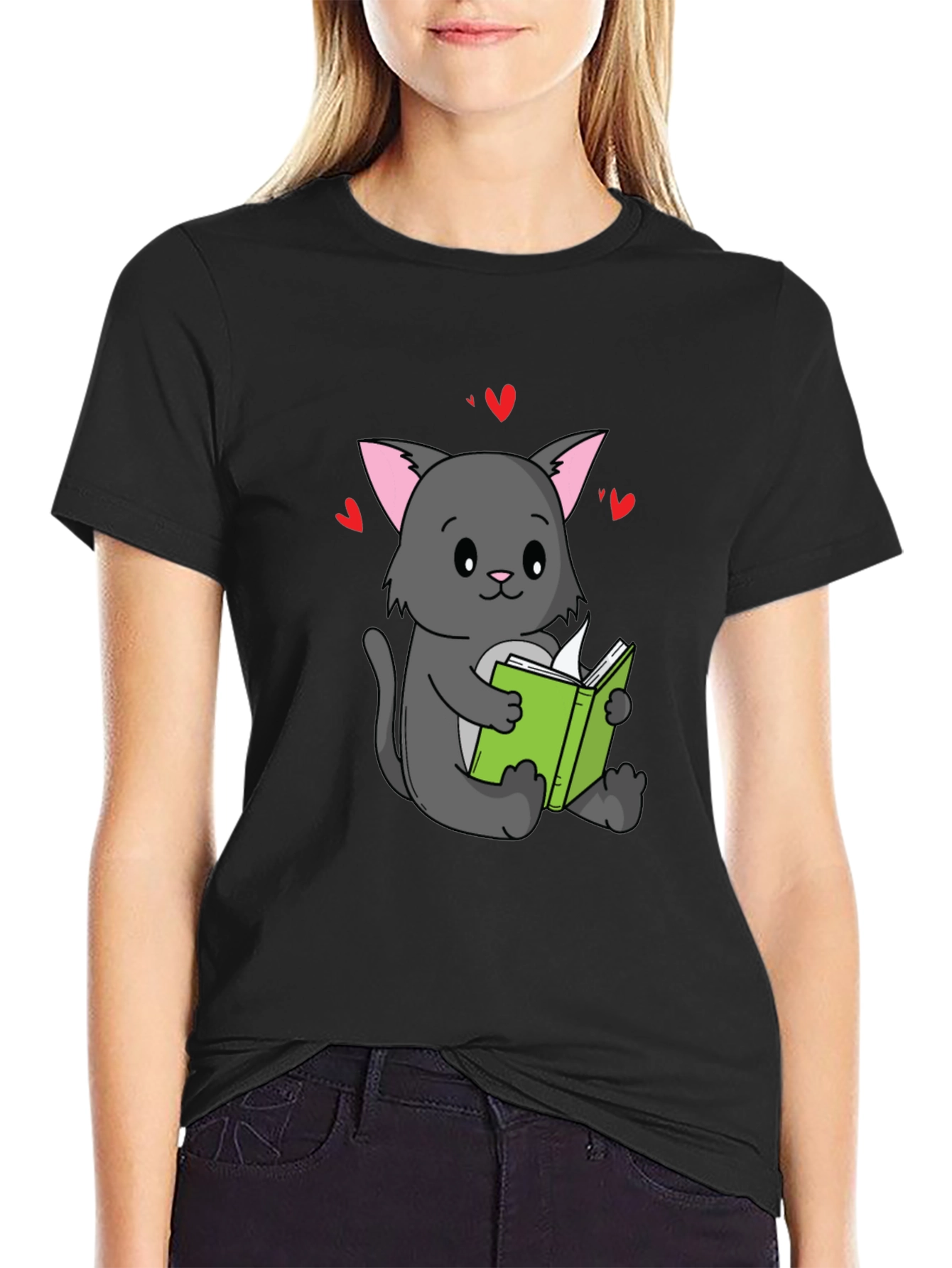 Black Cute Cat Reading Book T-Shirt - Unisex view 2