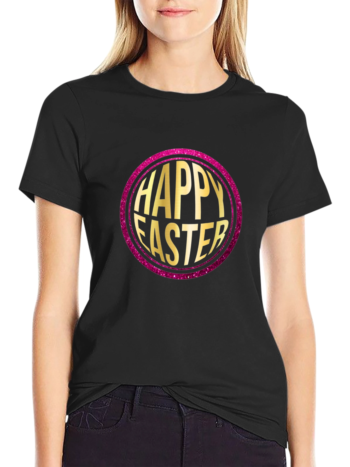 Black Happy Easter Graphic Print Crew Neck T-Shirt view 2