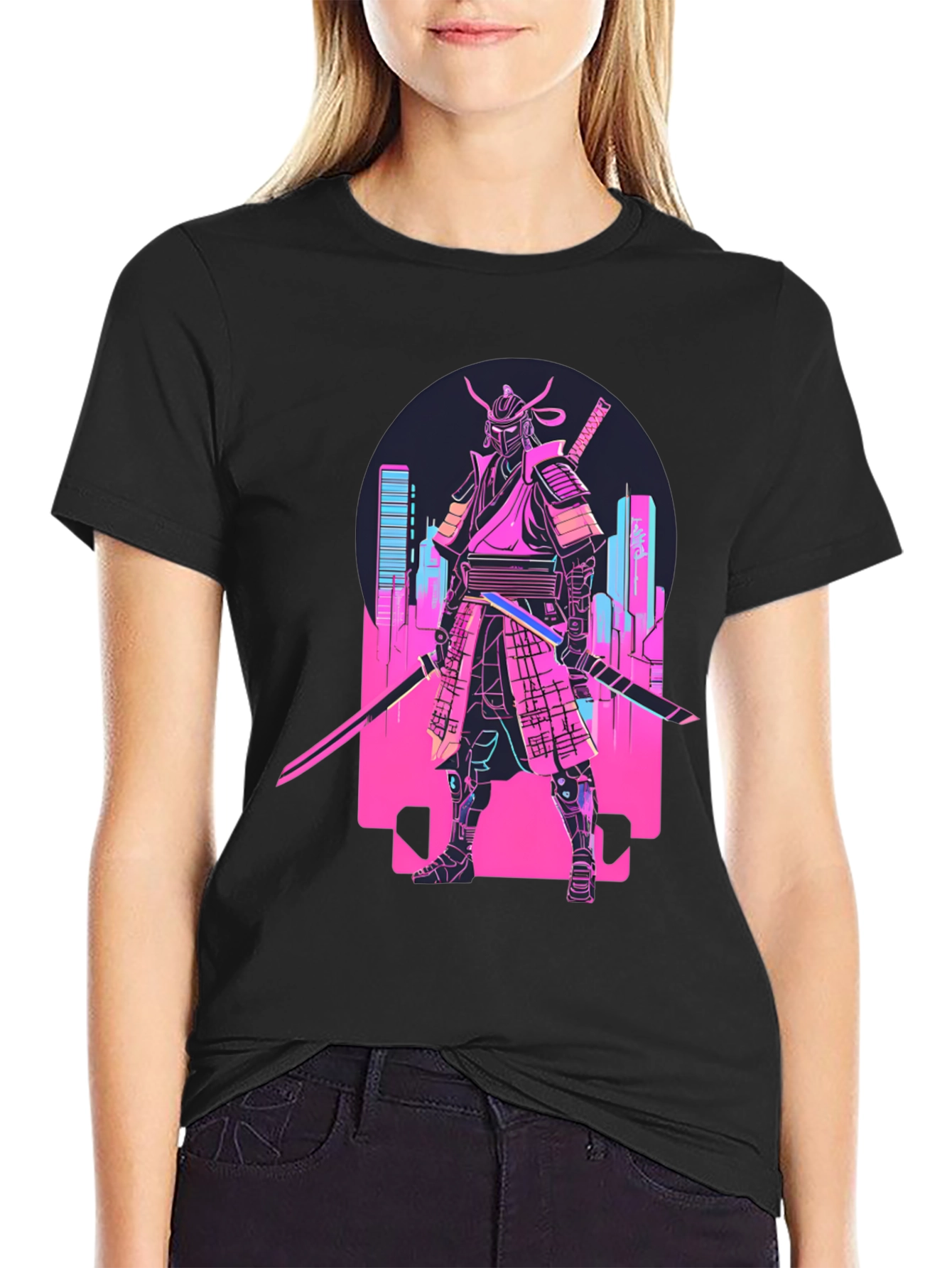 Black Cyberpunk Samurai T-Shirt - Neon City Warrior view 2