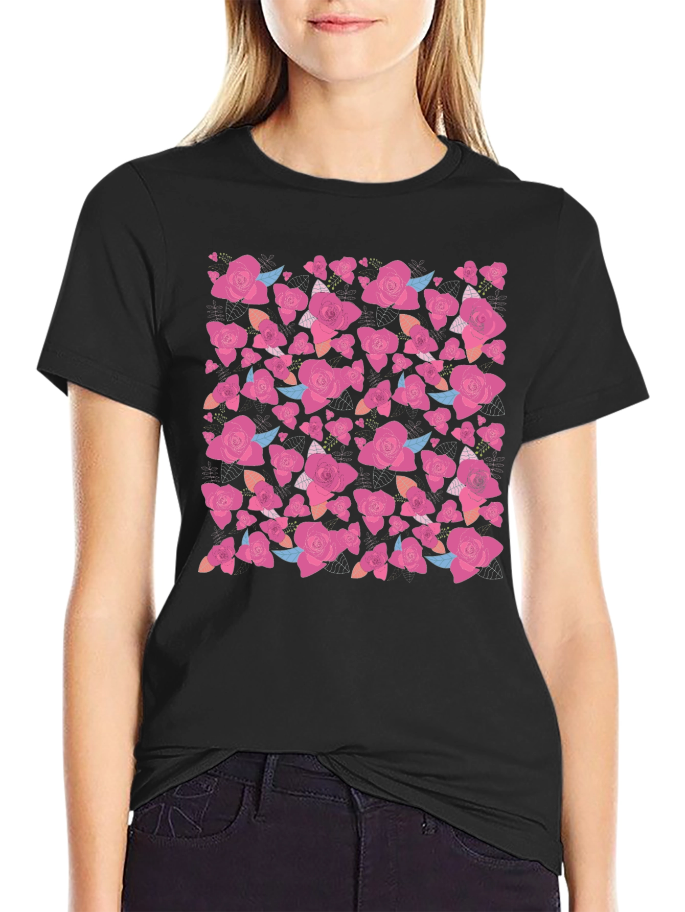 Black Floral Rose Print Black T-Shirt view 2