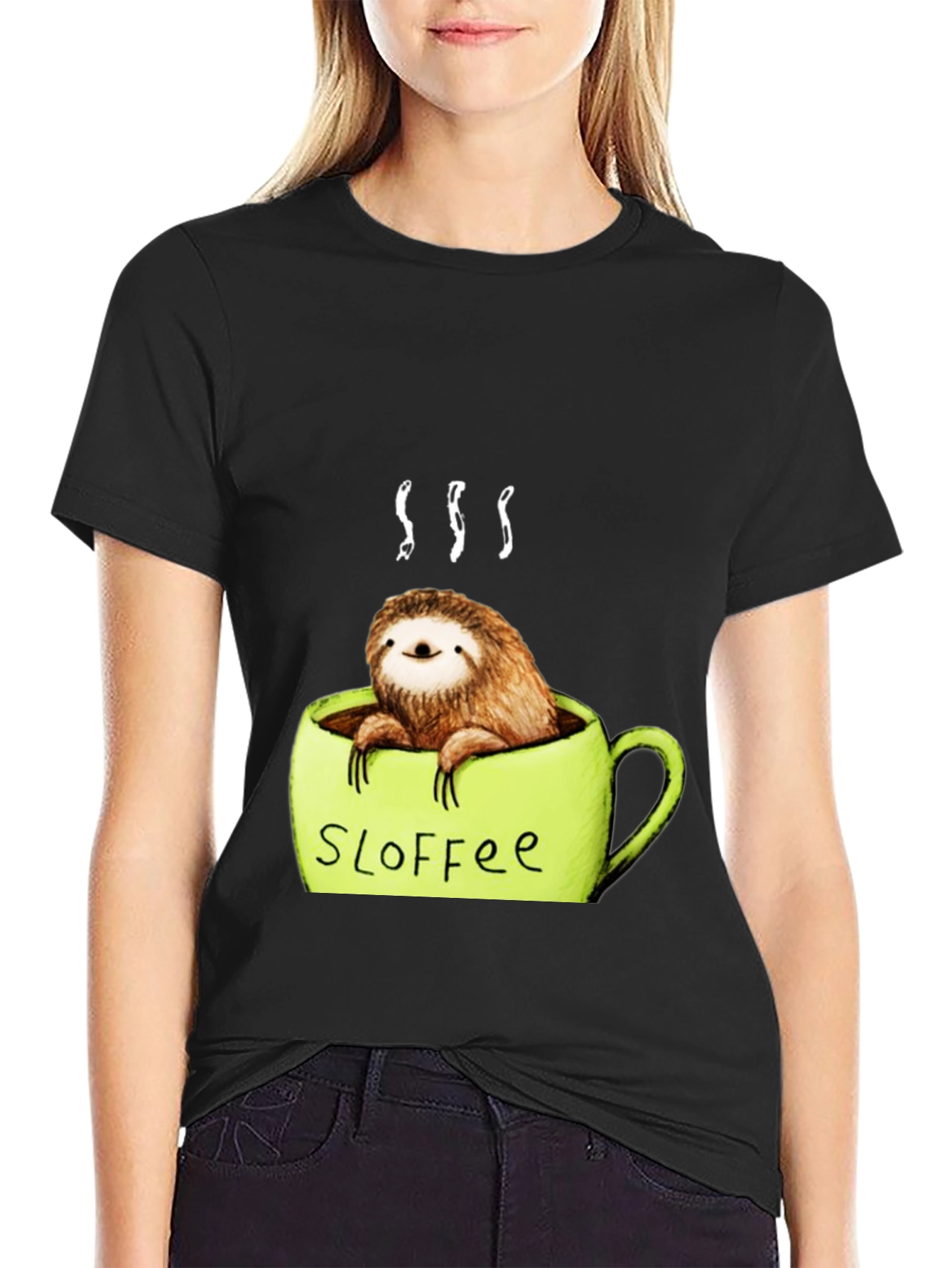 Black Funny Sloth Coffee Graphic Tee view 2
