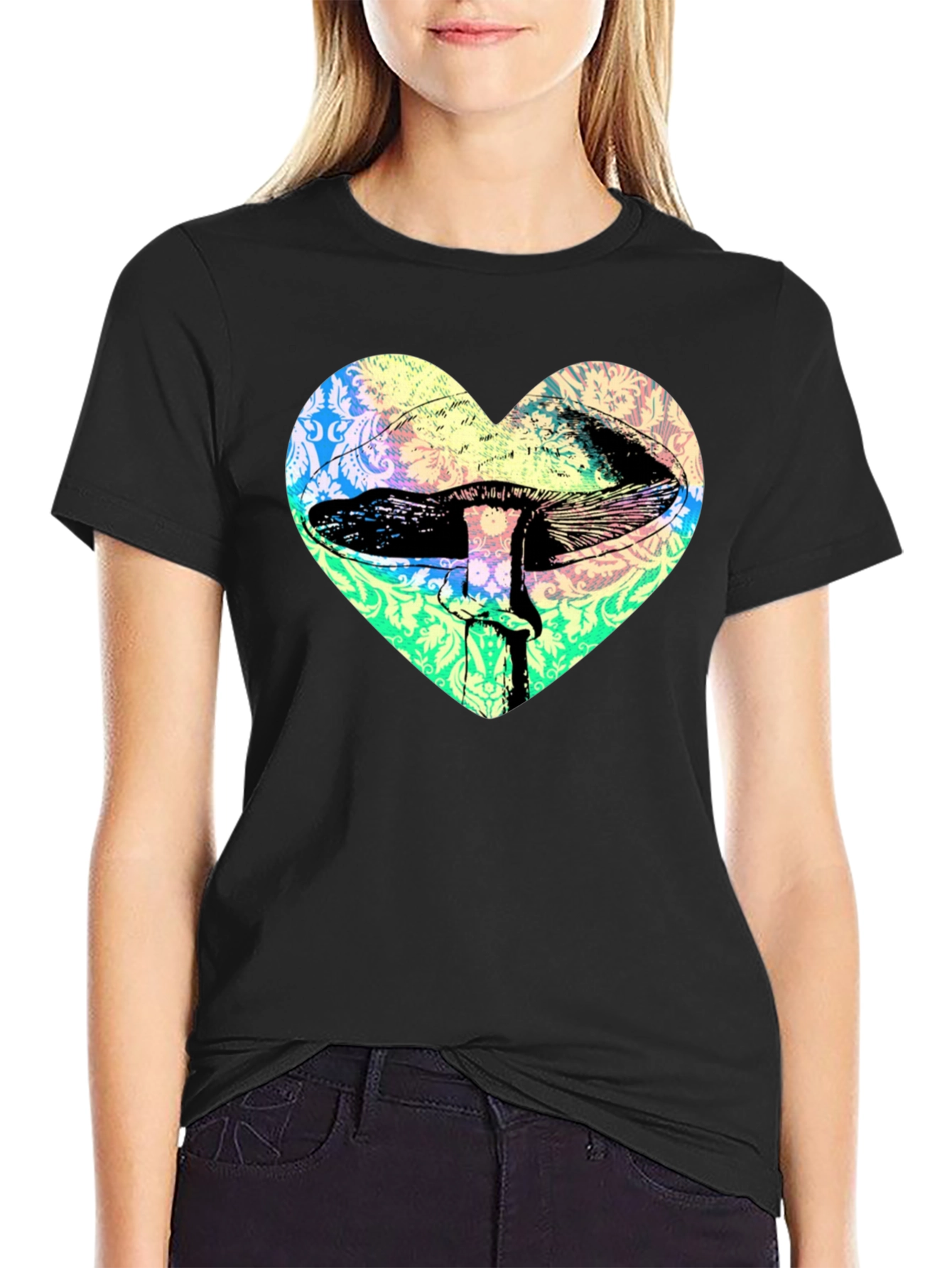 Black Psychedelic Mushroom Heart T-Shirt - Groovy Graphic Tee view 2