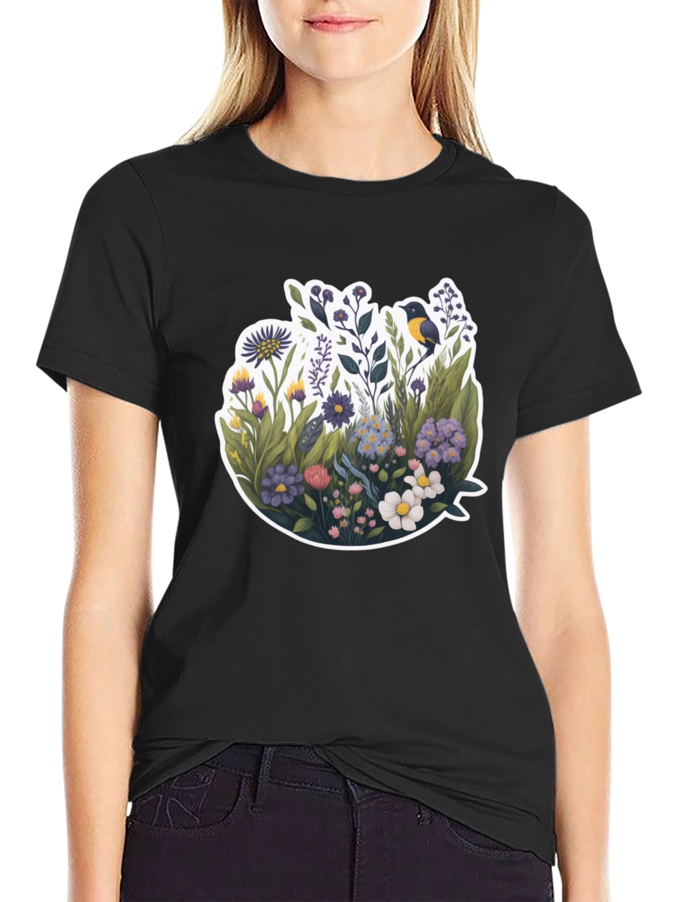 Black Floral Bird Graphic Black T-Shirt view 2