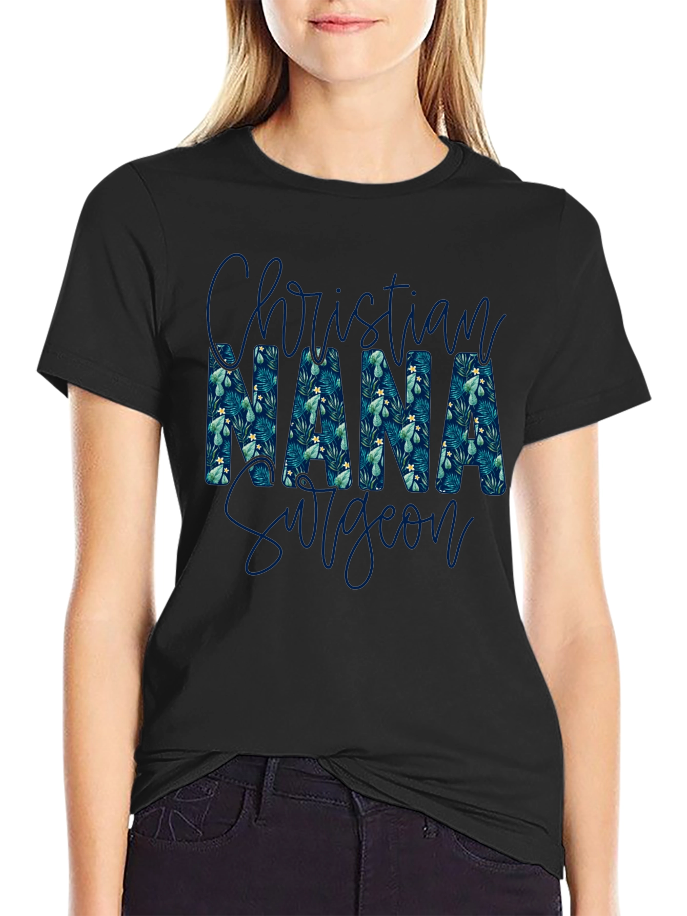 Black Christian Nana Surgeon T-Shirt - Floral Pattern view 2