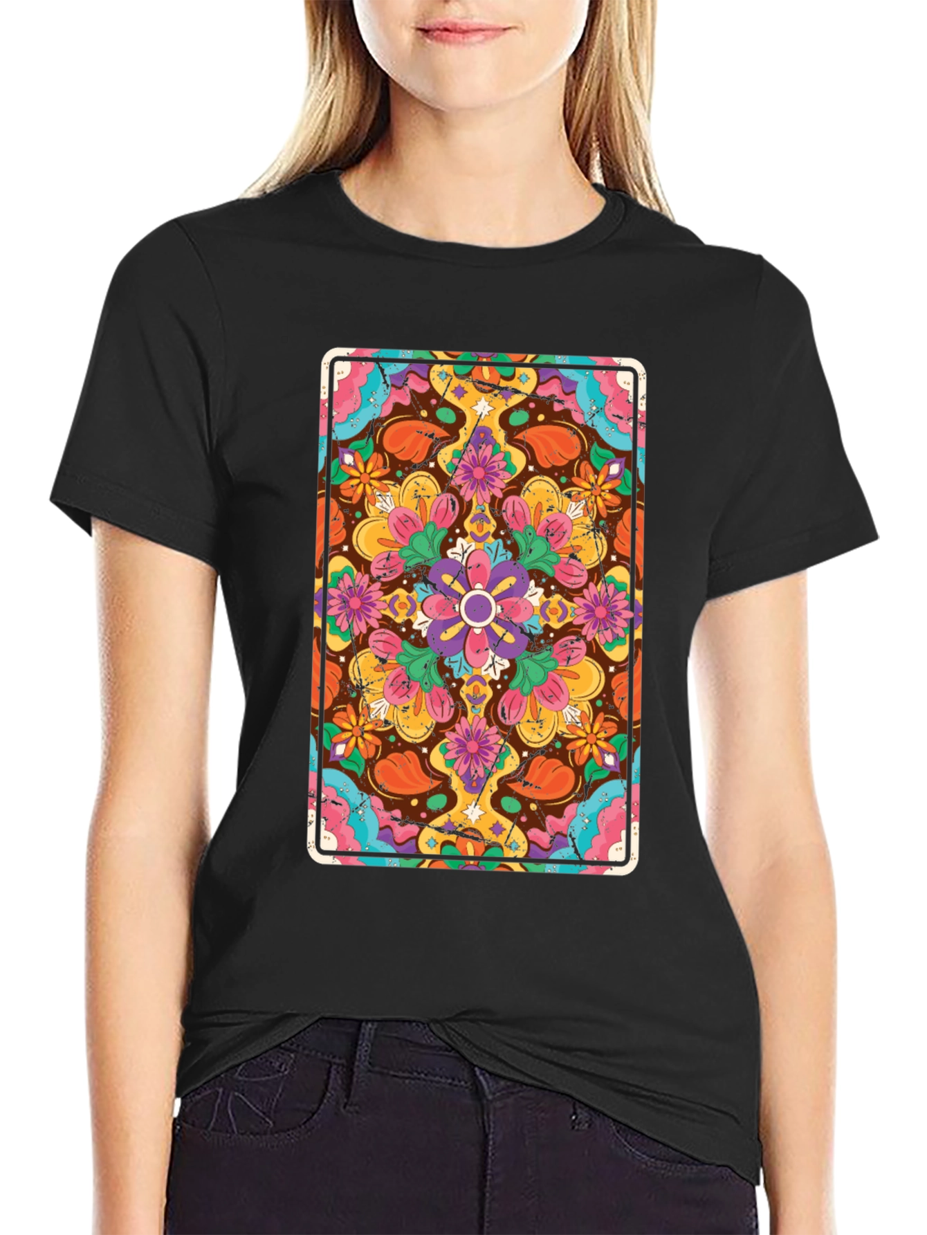 Black Floral Mandala Graphic Tee - Black Crew Neck T-Shirt view 2
