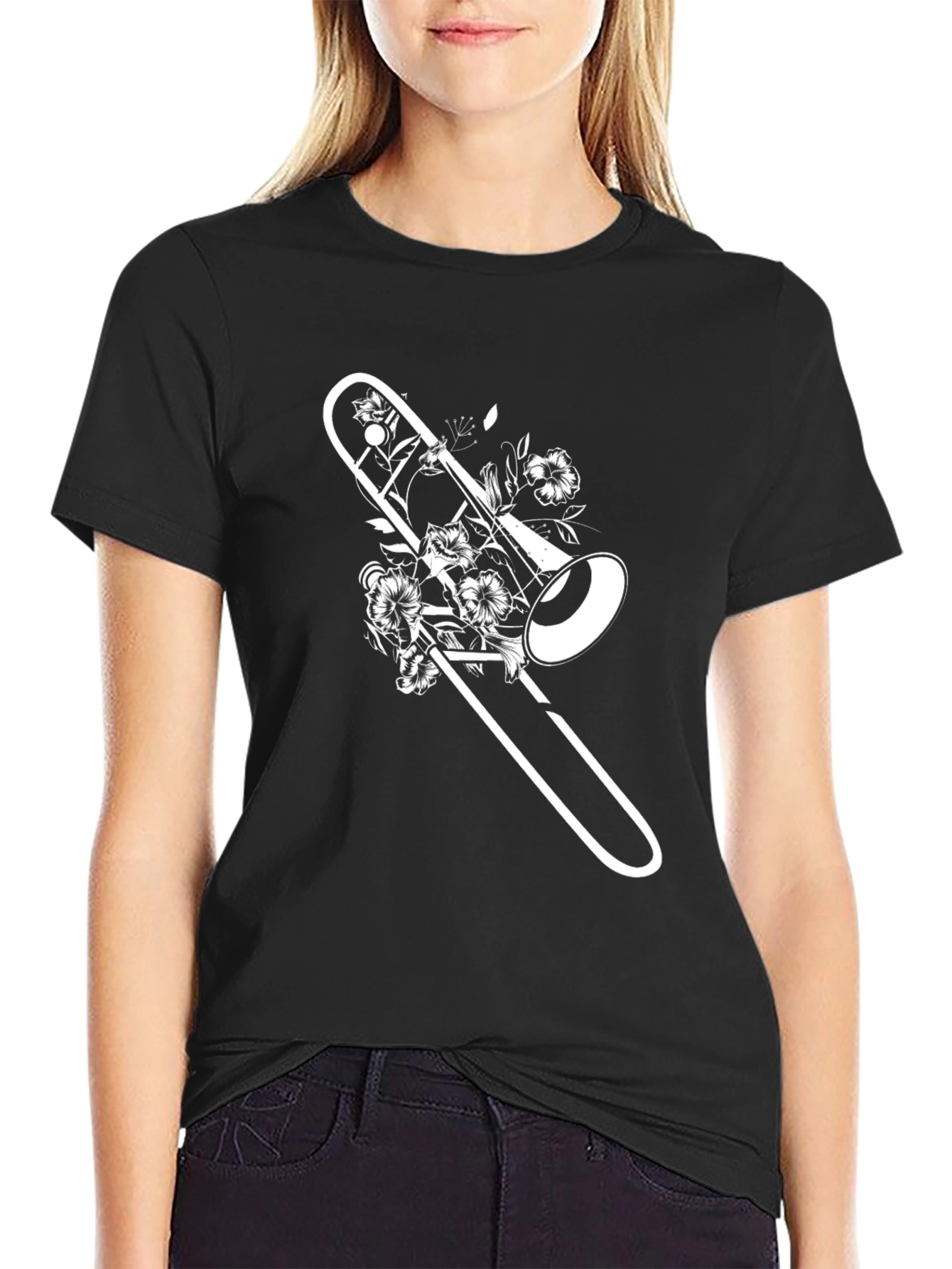 Black Floral Trombone Graphic Tee - Black Casual Shirt view 2