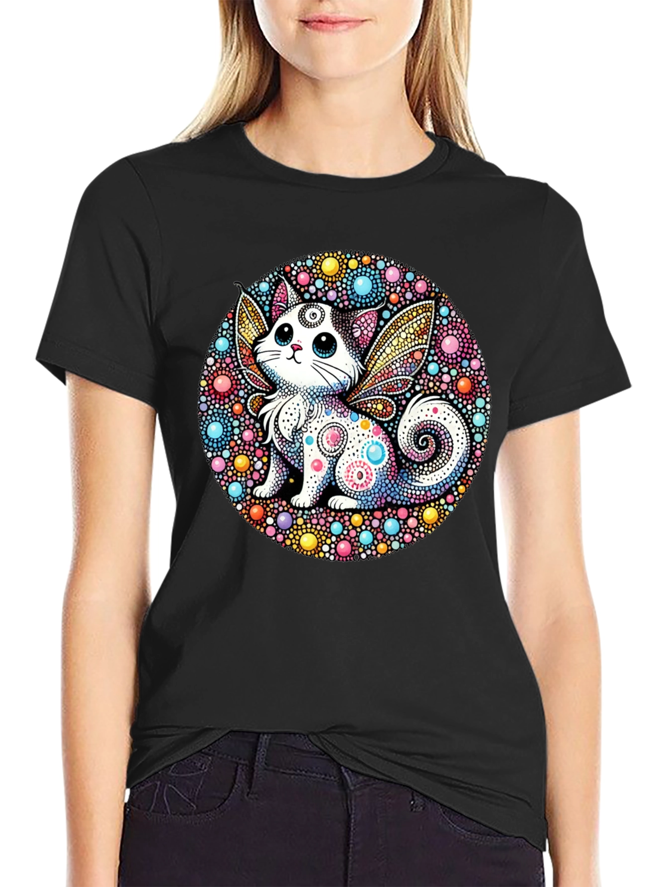 Whimsical Cat Fairy Black T-Shirt - 2
