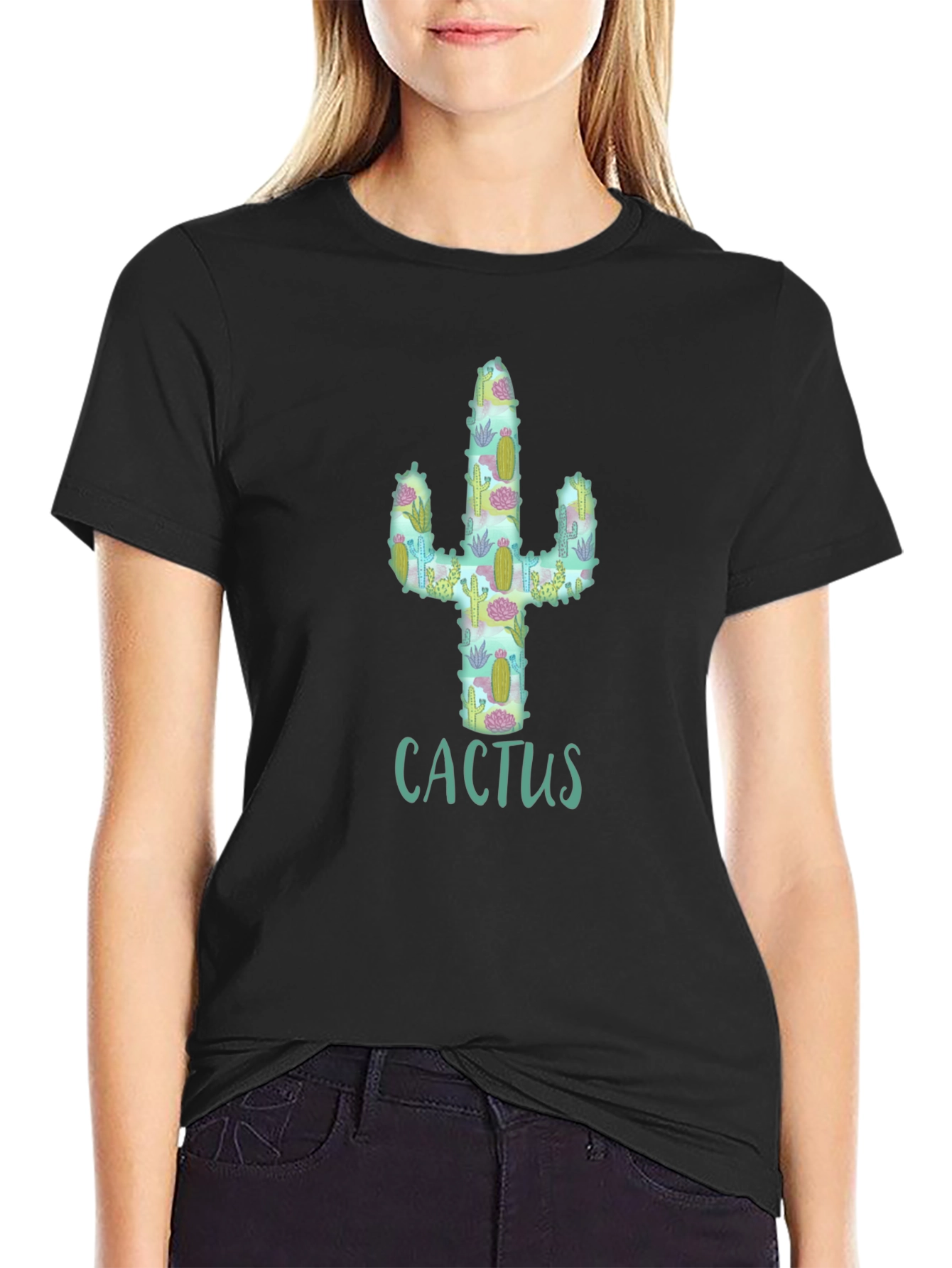 Black Cactus Pattern Graphic T-Shirt view 2