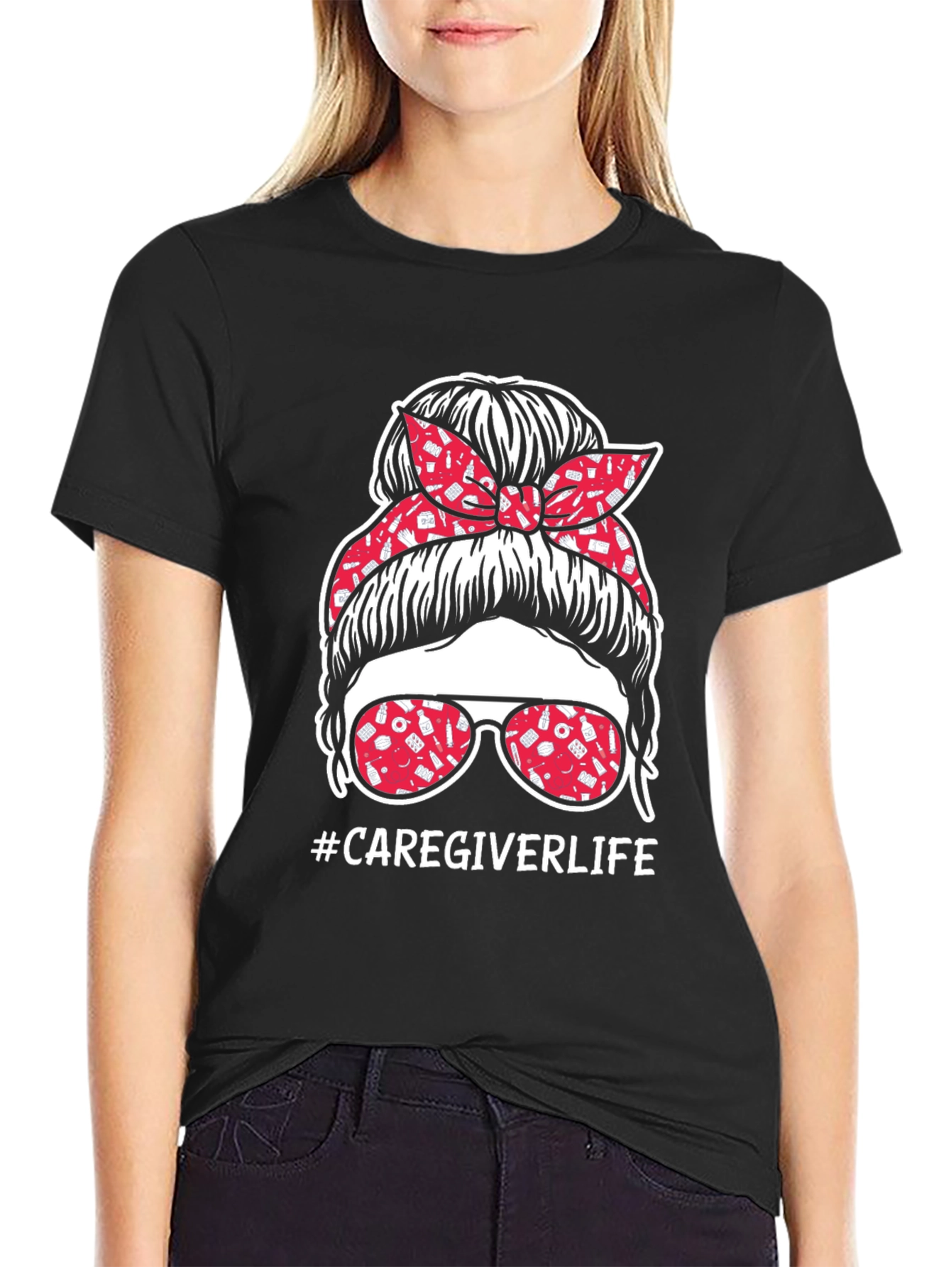 Black Caregiver Life Messy Bun T-Shirt view 2