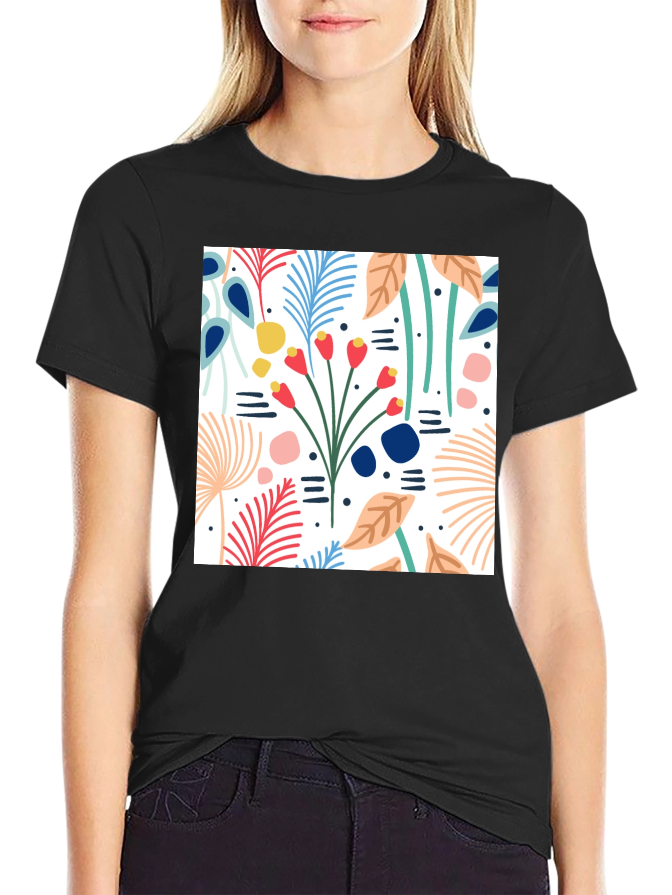 Black Floral Pattern Black T-Shirt view 2