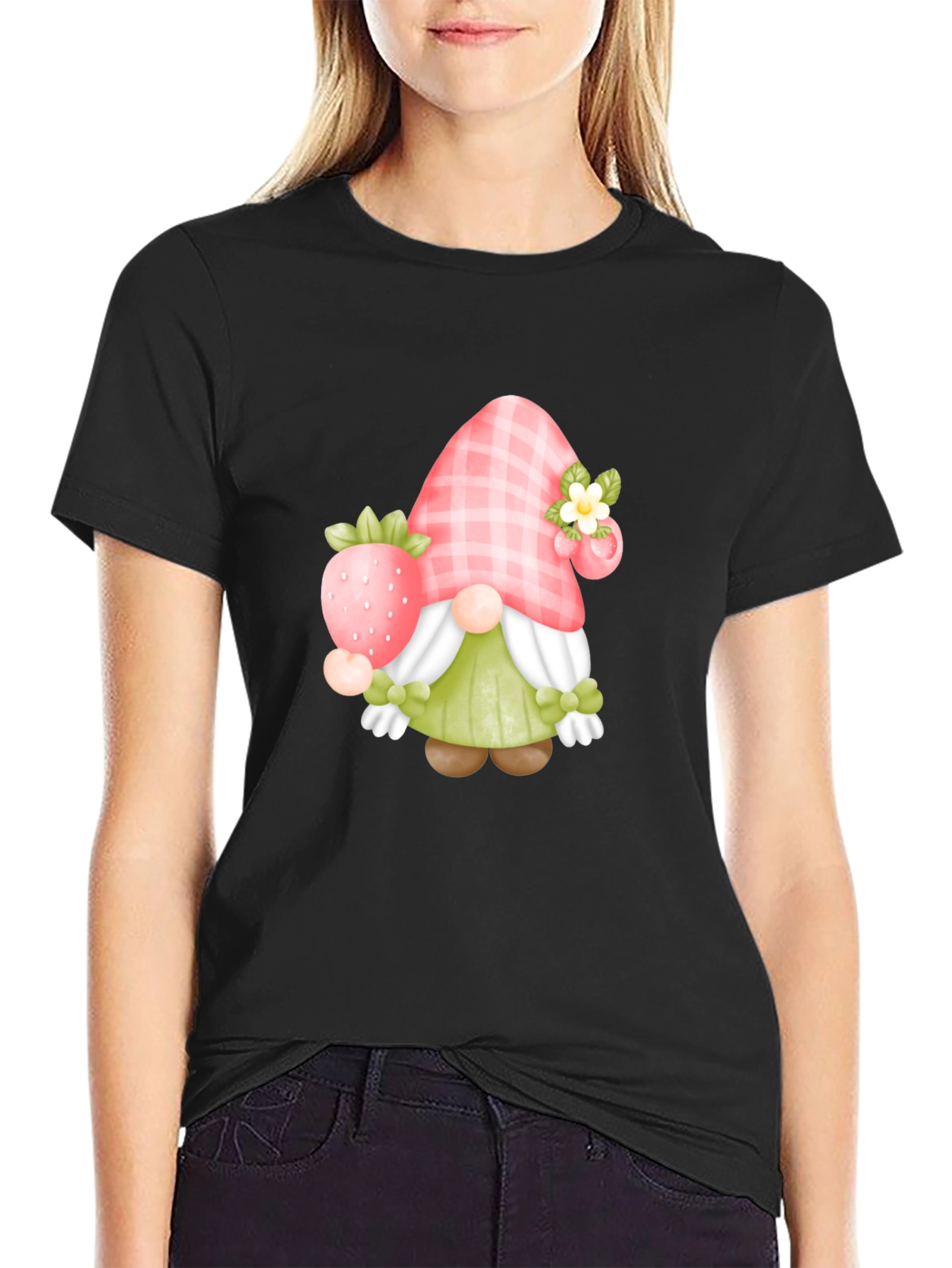 Black Strawberry Gnome Graphic Tee view 2