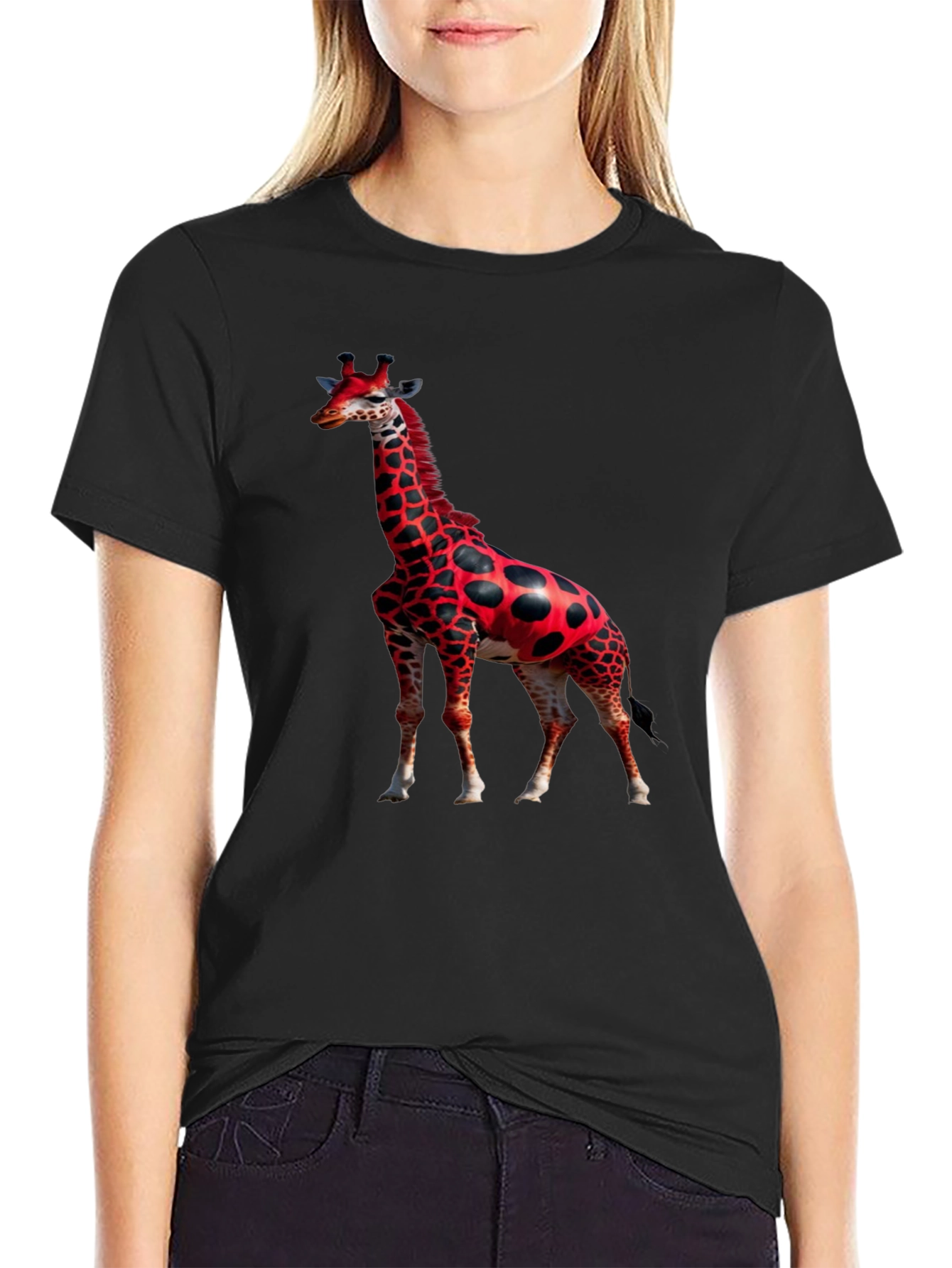 Black Red Giraffe Print Black T-Shirt view 2