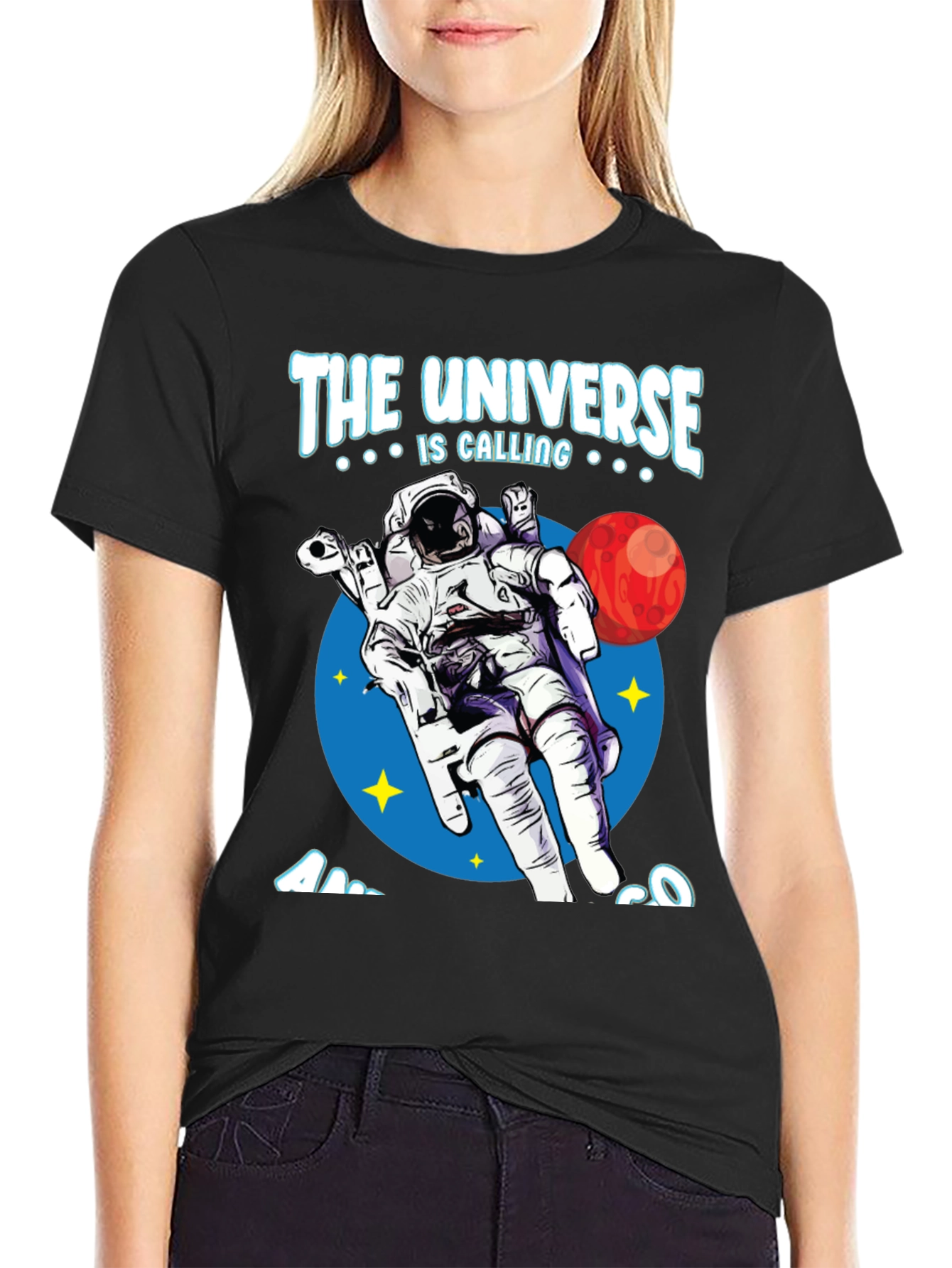 Black Universe Calling Astronaut Graphic Tee view 2
