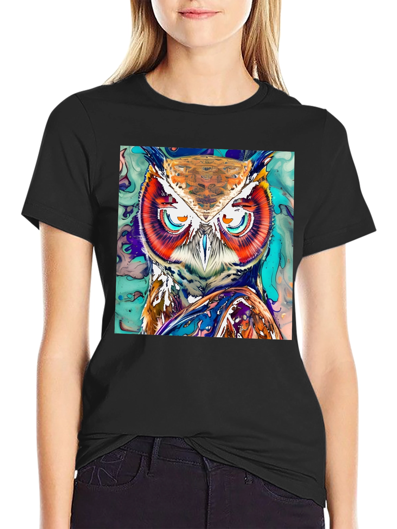 Black Artistic Owl Graphic Print T-Shirt view 2