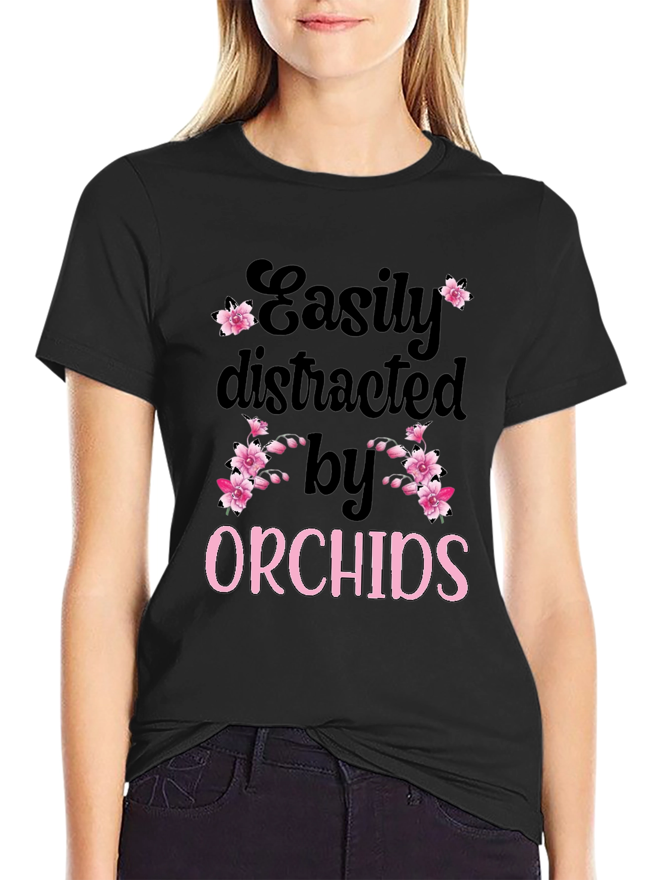 Black Easily Distracted by Orchids T-Shirt view 2