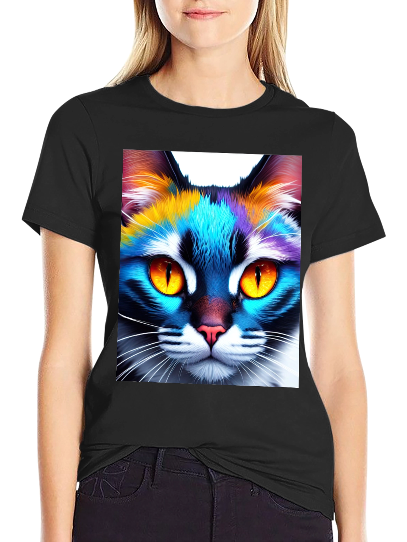 Black Colorful Cat Graphic Tee - Unique Unisex Design view 2