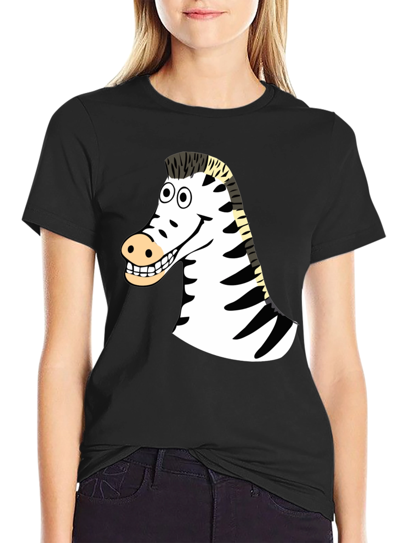 Black Zebra Cartoon Graphic T-Shirt view 2