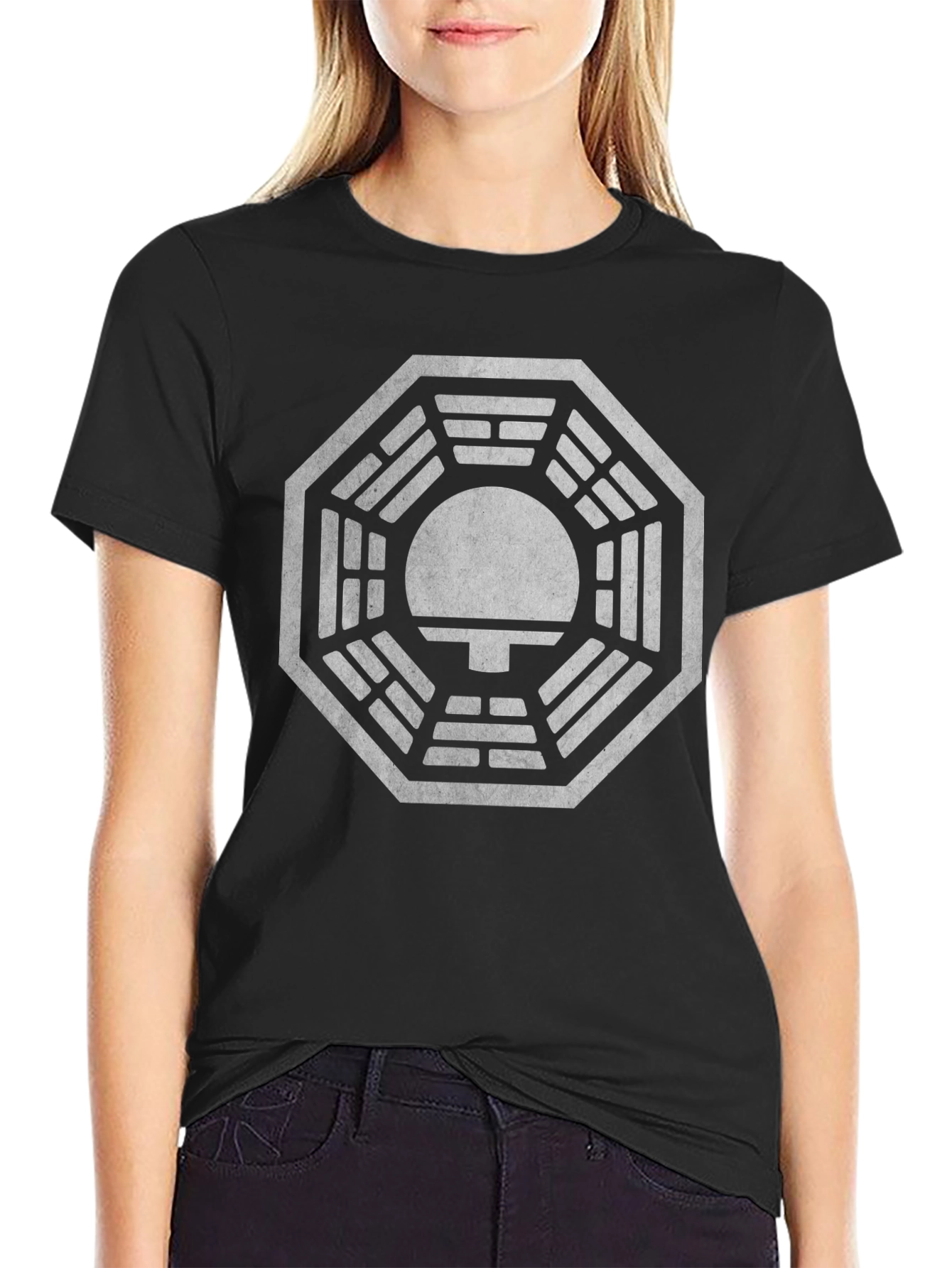 Black Men's Black T-Shirt with Mysterious Octagon Design view 2