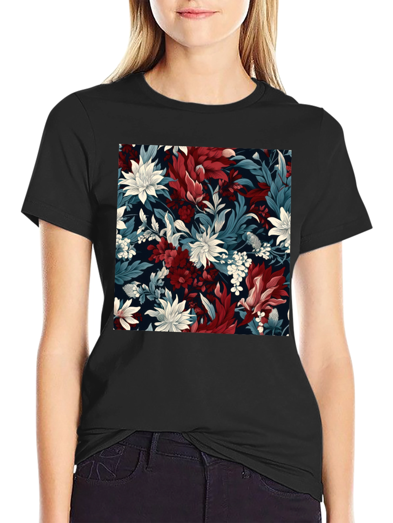 Black Floral Pattern Black T-Shirt - Modern Style view 2