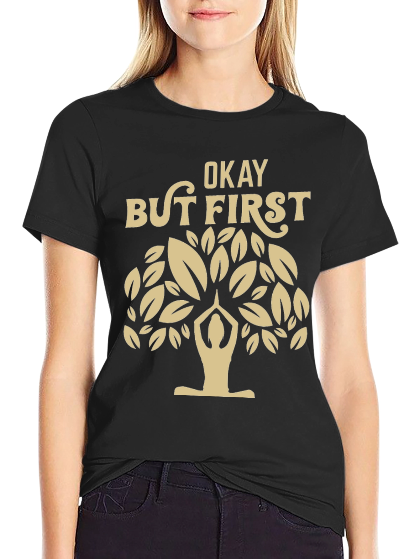 Black Yoga Tree Black T-Shirt: Okay But First Yoga view 2