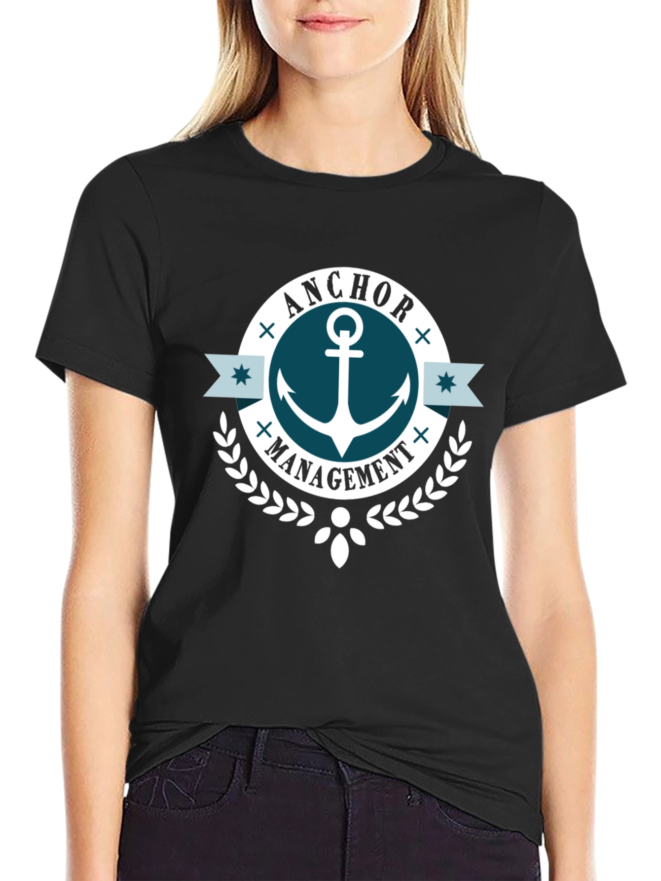 Black Anchor Management T-Shirt - Black Crew Neck view 2