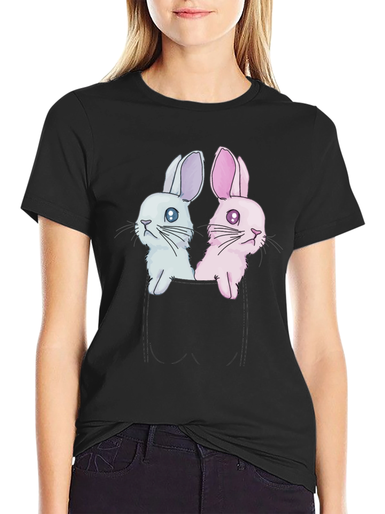 Black Cute Bunny Pocket Tee - Adorable Graphic T-Shirt view 2