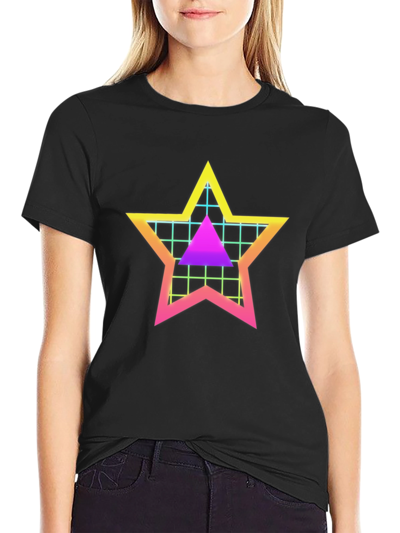 Black Retro Star Grid T-Shirt - 80s Style Graphic Tee view 2