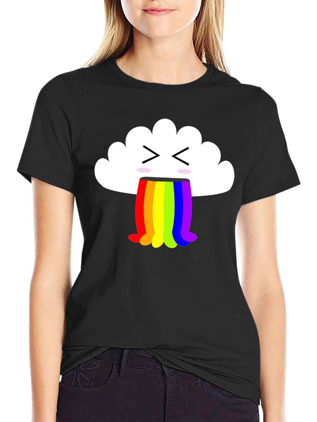 Black Funny Cloud Vomiting Rainbow T-Shirt - Black view 2