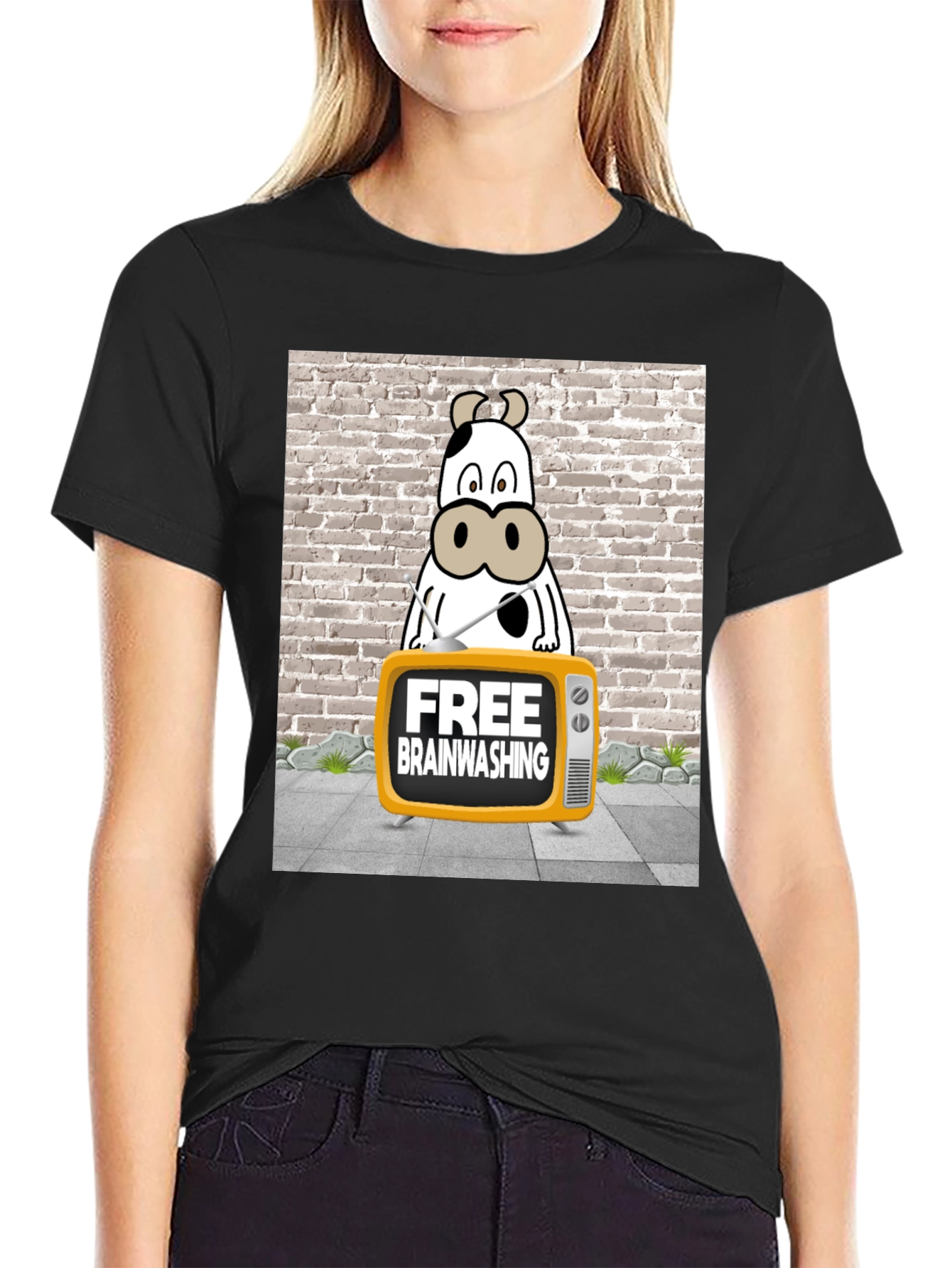 Black Brainwashing Cow T-Shirt: Funny Graphic Tee for Men view 2