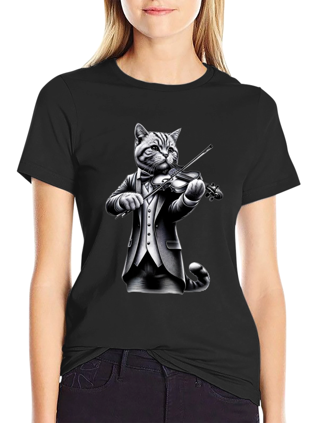 Black Cat Violinist T-Shirt - Unique Animal Graphic Tee view 2