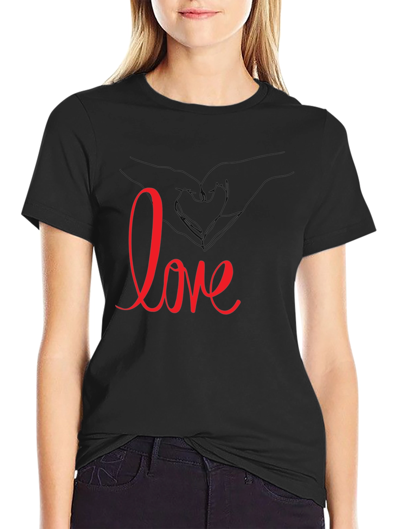 Black Love Heart Hands Graphic Tee - Black Casual T-Shirt view 2