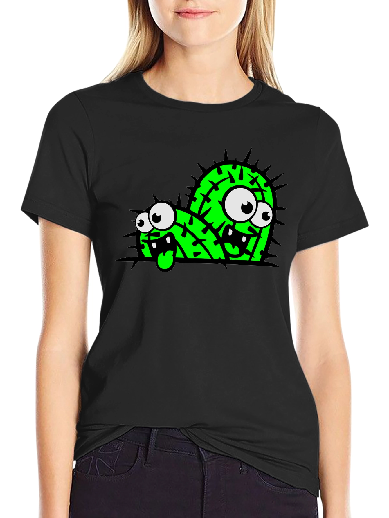 Black Funny Cartoon Cactus Graphic Black T-Shirt view 2