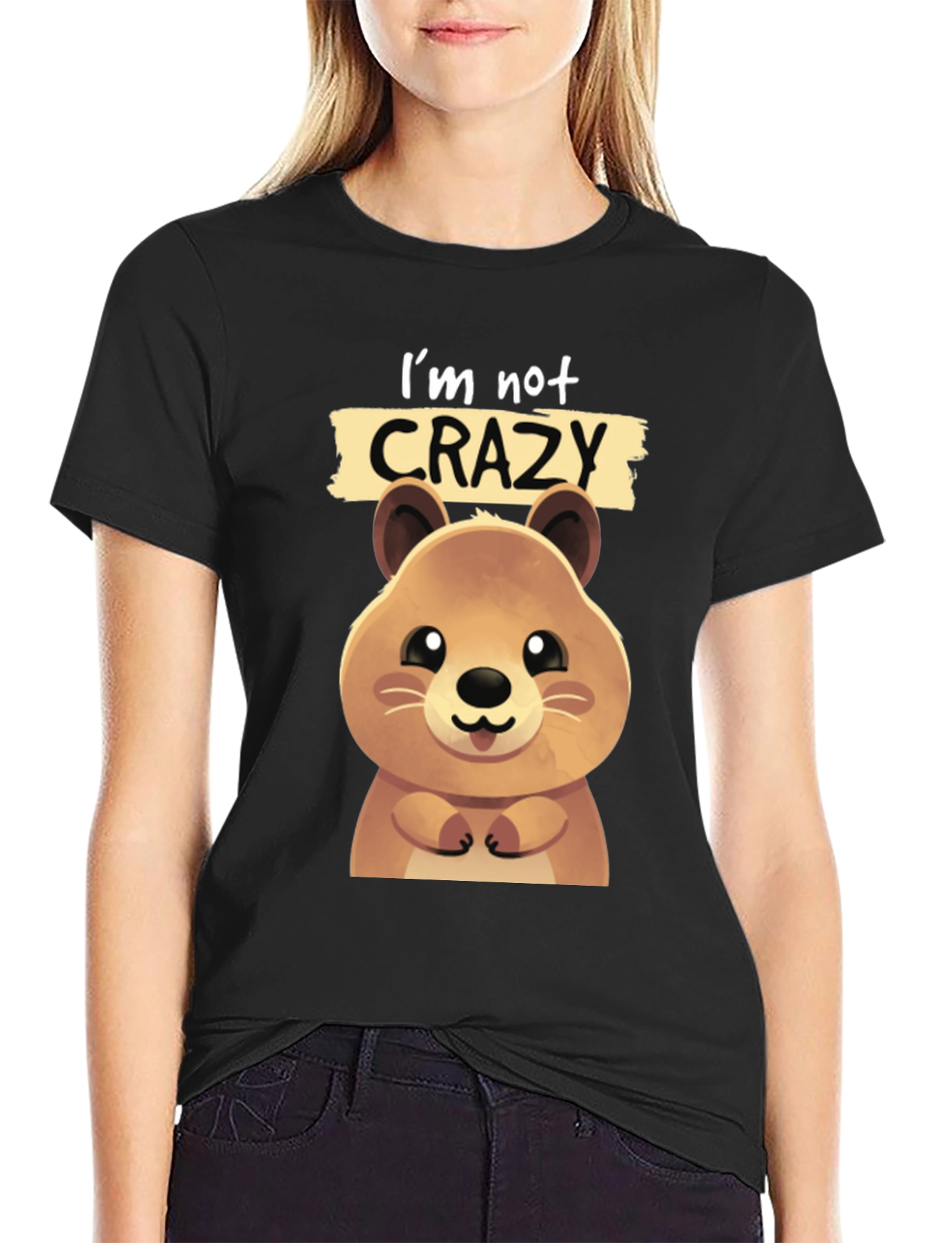 Black Cute Quokka 'I'm Not Crazy' Graphic T-Shirt view 2